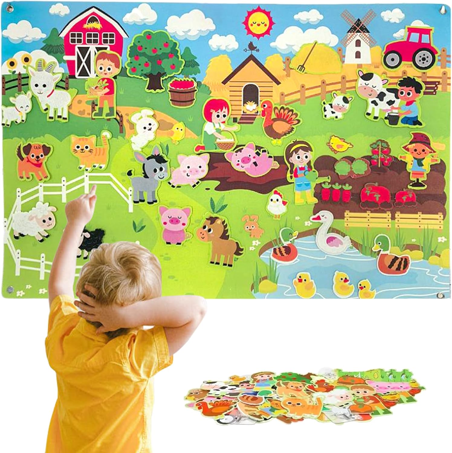 PSFDEWT Felt Board Story Sets, 41x30 Inch Farm Animals Felt Board for Toddlers, Early Learning Felt Wall Activities for Toddlers, Interactive Hanging Felt Board for Wall, Felt Board
