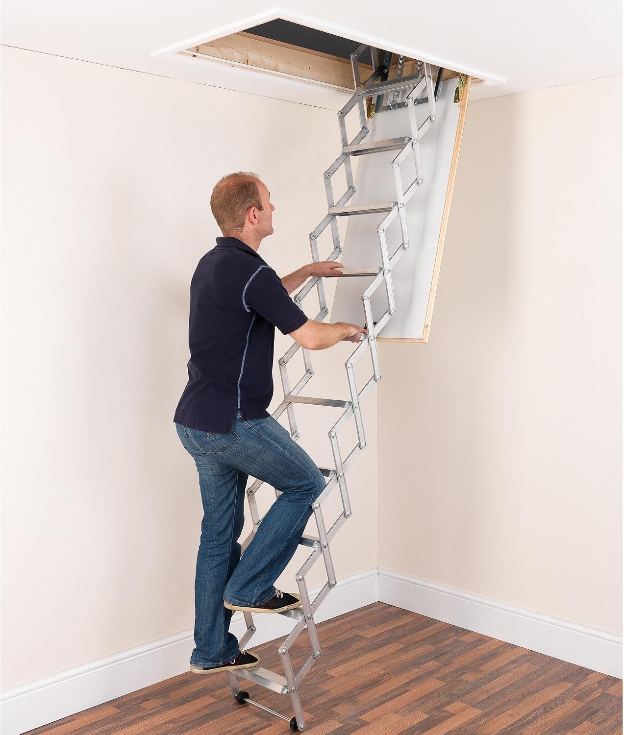 ALUFIX 10-Tread Concertina Loft Ladders - Ideal for Tiny attic Spaces | Easy DIY Fit | Aluminium | Floor to Ceiling 2.46m-2.73m (8.1ft-9.0ft)