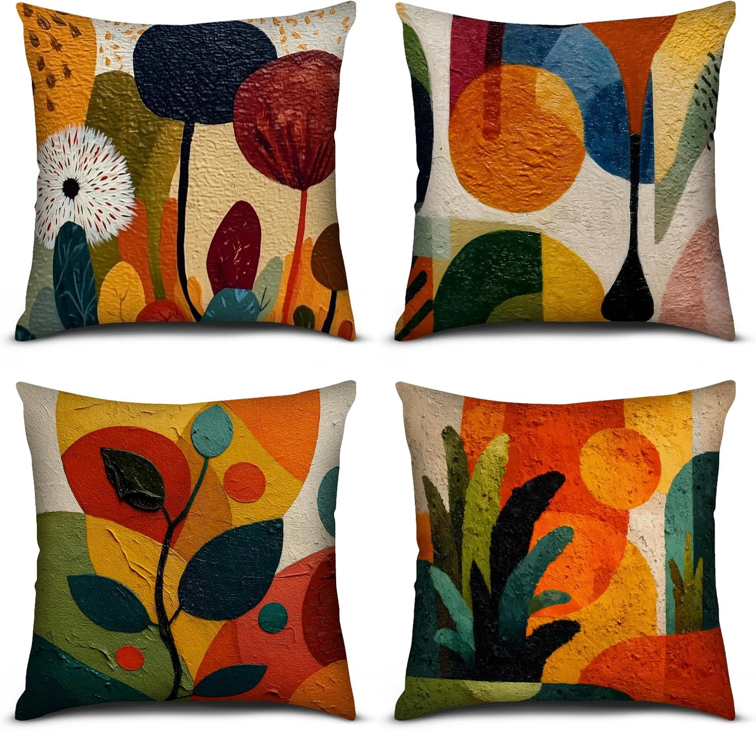 PICKFORU Colorful Abstract Art Throw Pillow Covers Set of 4, 18x18 Inch Retro Oil Painting Geometric Throw Pillow Case Bohemian Leaves Cushion Case for Living Room Home Bedroom