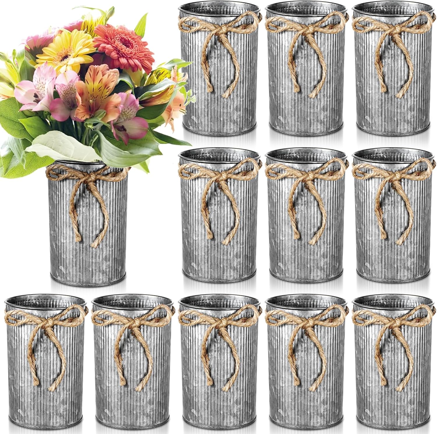 12PCS 4.33 Inch High Farmhouse Vase Decor with Twine Bow Vintage Metal Decorated Flower Vase Rustic Galvanized Floral Pots Buckets for Artificial Flowers Home Table Centerpiece Weddings Decor