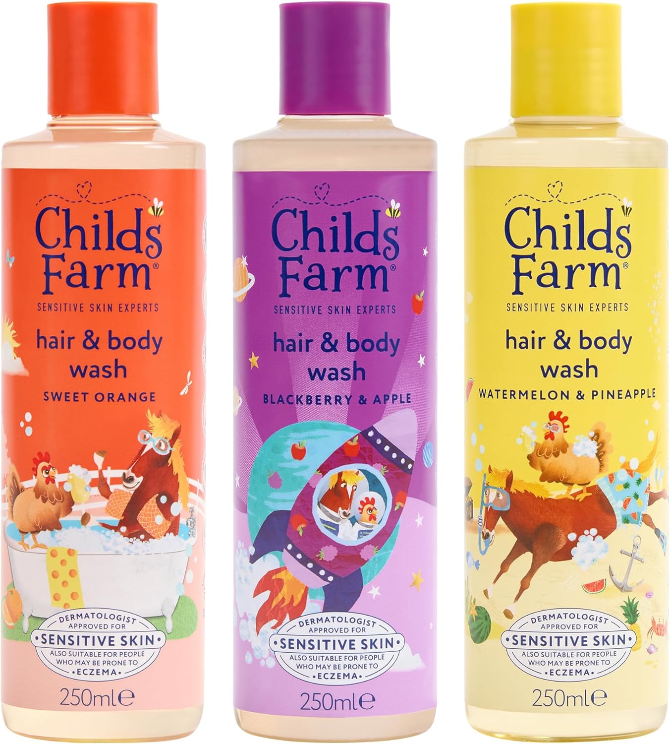 Childs Farm Hair & Body Wash Bundle | Sweet Orange (250ml), Blackberry & Apple (250ml) and Watermelon & Pineapple (250ml) | Suitable for Newborns, Kids & Adults with Sensitive, Dry & Eczema-Prone Skin