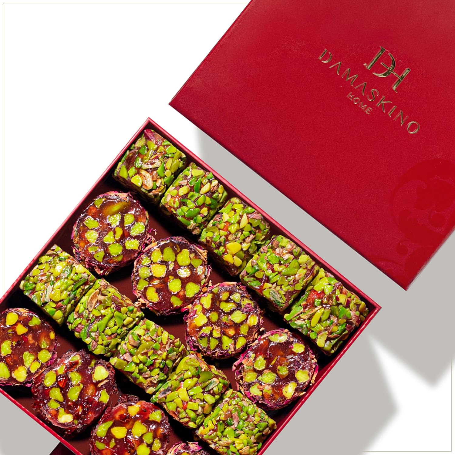 Damaskino Home Premium Turkish Delight Gift Box – 1.1 lb (500 g) – Turkish Delight Pistachio & Rose Pomegranate Lokum – Handcrafted Turkish Sweets – Authentic Middle Eastern Gourmet Candy