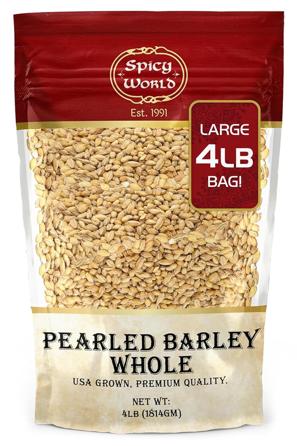 Spicy World Pearl Barley (Whole) Grain 4 LB Jumbo Bag - USA Grown (64oz) - All Natural, Non-GMO Source, Resealable