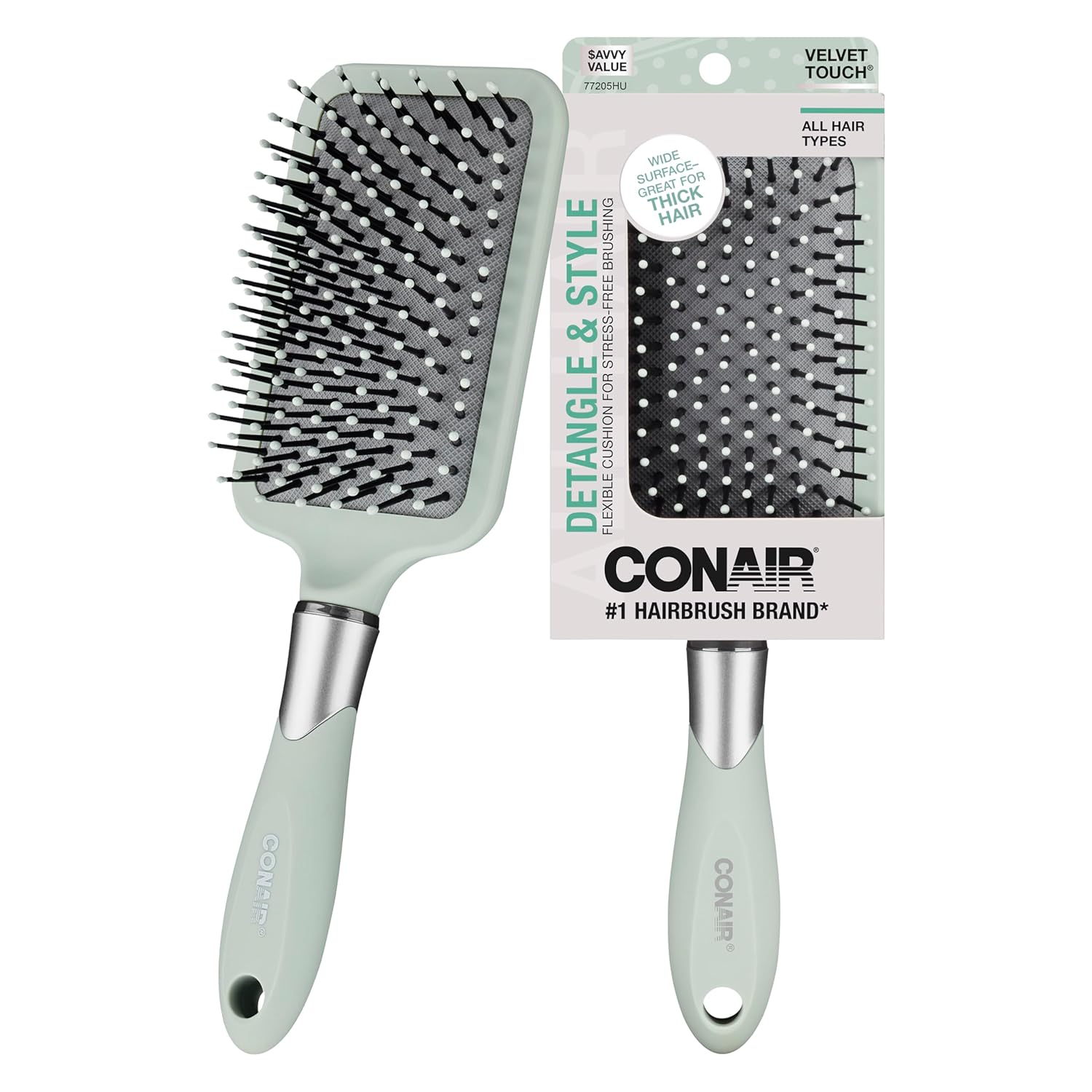 Conair Velvet Touch Paddle Cushion hair brush - Detangling hairbrush - curly or straight styles - men or women - detangler - features soft touch handle - Sage Green