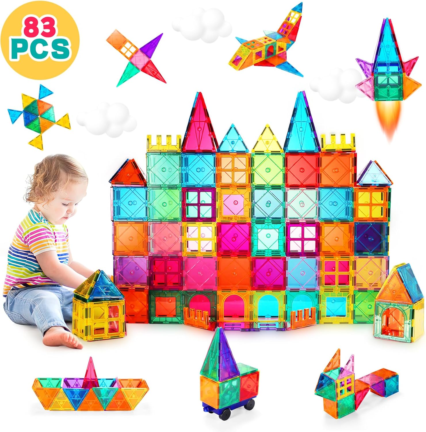 vatenick Magnetic Building Blocks Set 83PCS 3D Building Tiles Stem Toys for Ages 3 4 5 6 7 8 Year Old