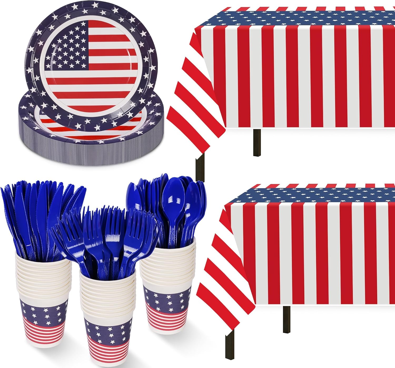 Childom Patriotic Party Supplies,152Pcs American Flag Themed Party Set,Patriotic Party Decorations,American Flag Tablecloth,4th of July Plates Cups,Red White and Blue Decor for Outside,Picnic,Memorial