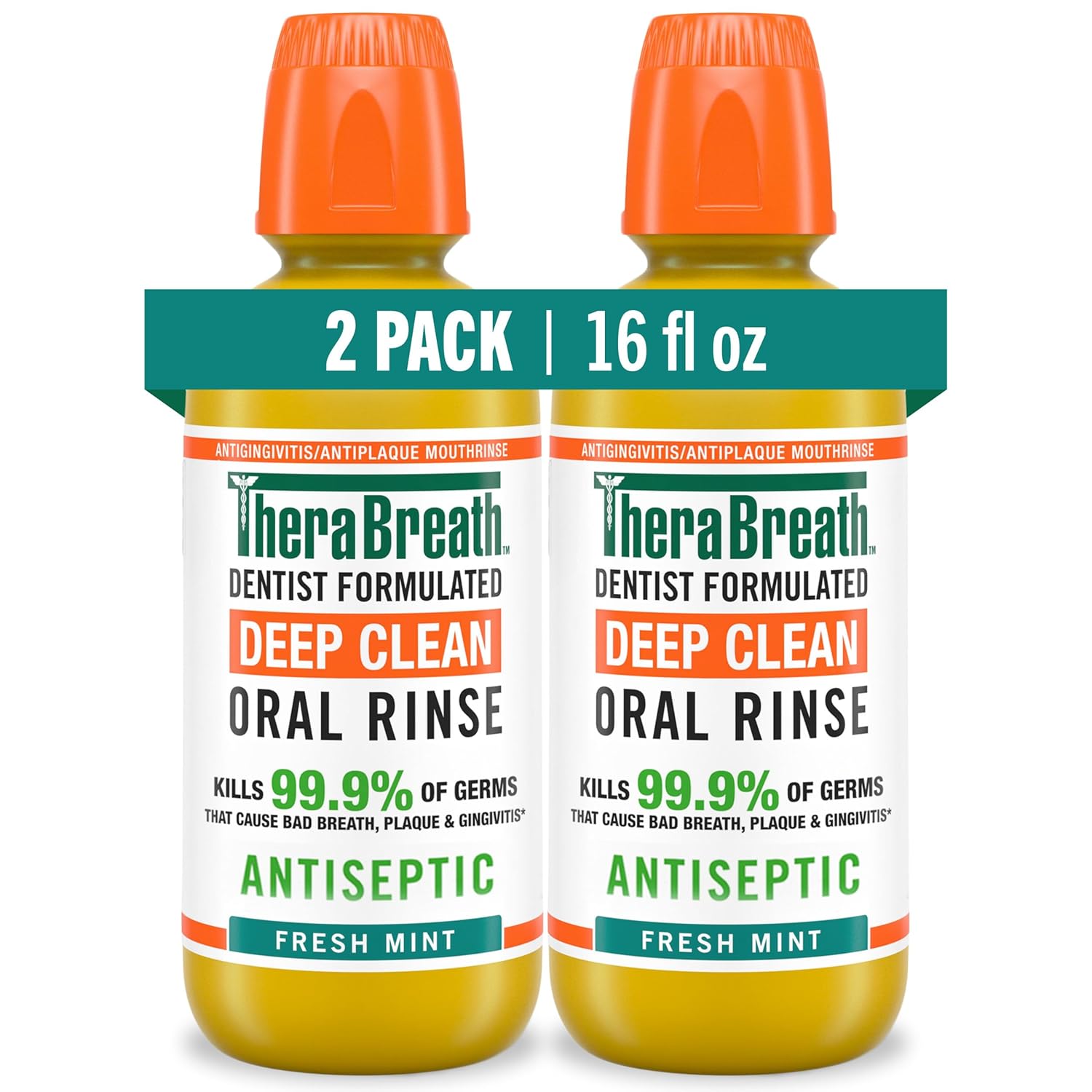 TheraBreath Deep Clean Mouthwash, Antiseptic Benefits, Fresh Mint Flavor, Dentist Formulated, Alcohol Free, 16 fl oz (Pack of 2)