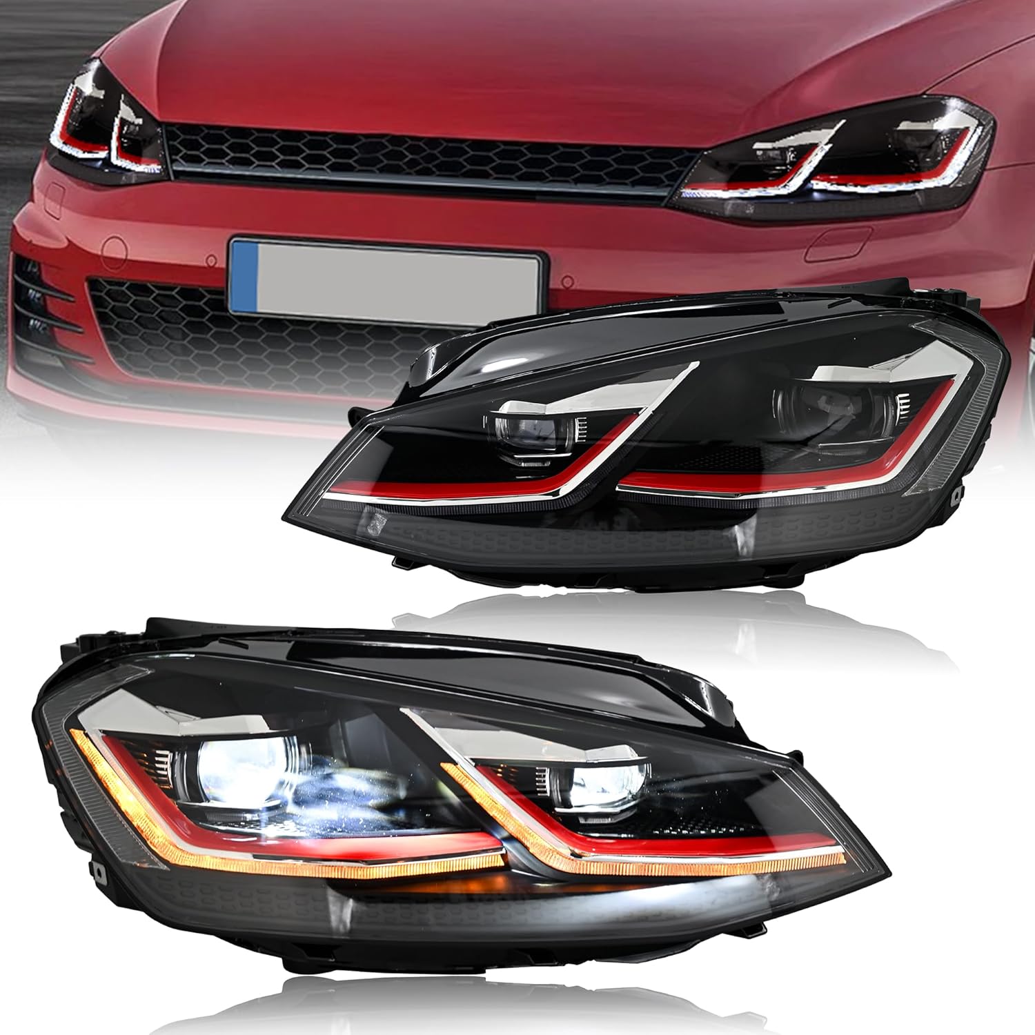 Headlights Compatible For Golf7 MK7 Halogen TDI TSI GTD GTI Only 2015-2017 w/Breathing Animation w/Amber Sequential Turn Signal, Red Line No Need Bulbs