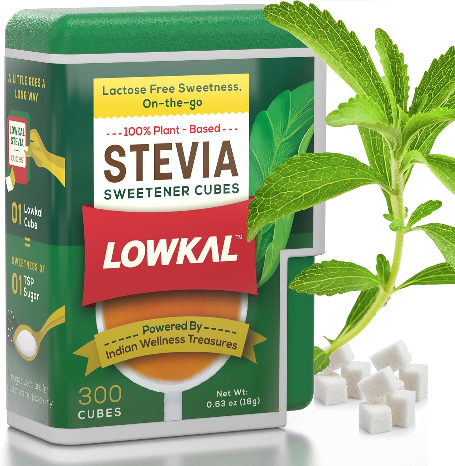 LOWKAL Stevia Sweetener Tablets with Zero Calorie (300 Cubes) - Plant-Based Pure Stevia Sugar Substitute for Diabetics with Zero Sugar - Natural Sweetener Tablets for Desserts, Coffee & Tea