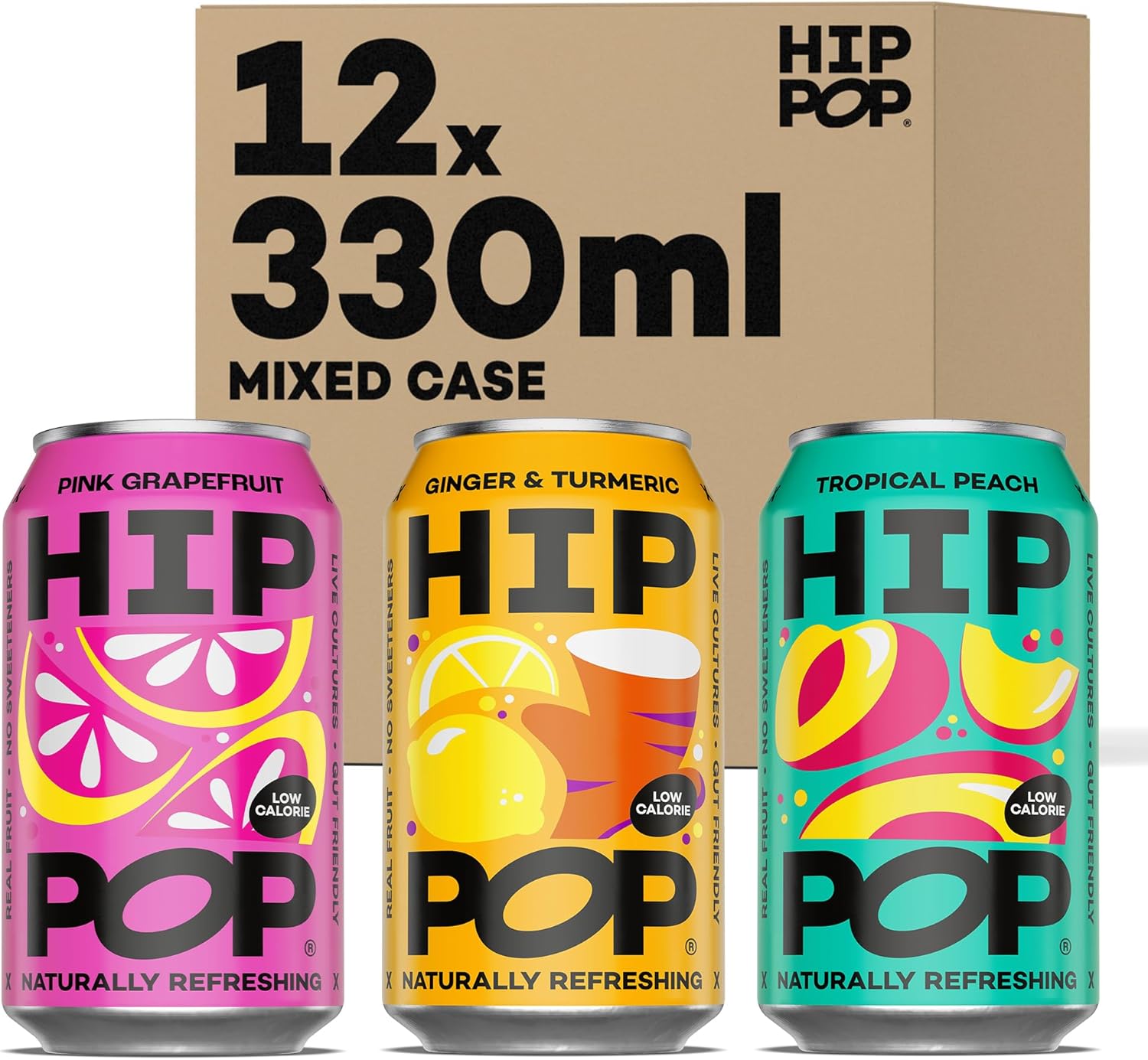 Hip Pop Soda, Mixed Flavour Case, Low Calorie, 100% Natural, Vegan, Branding of Cans May Vary, 12 x 330 ml