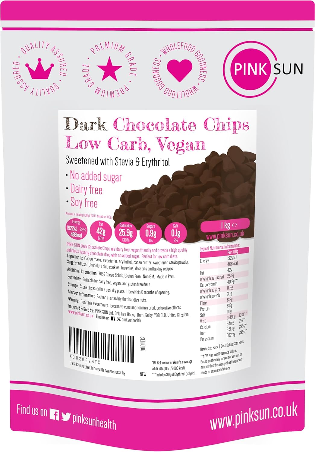 PINK SUN Low Carb Chocolate Chips 1kg - Sweetened with Stevia and Erythritol - No added Sugar - Vegan, Dairy Free, Soy Free, Gluten Free 70% Dark Chocolate Drops Keto 1000g Bulk