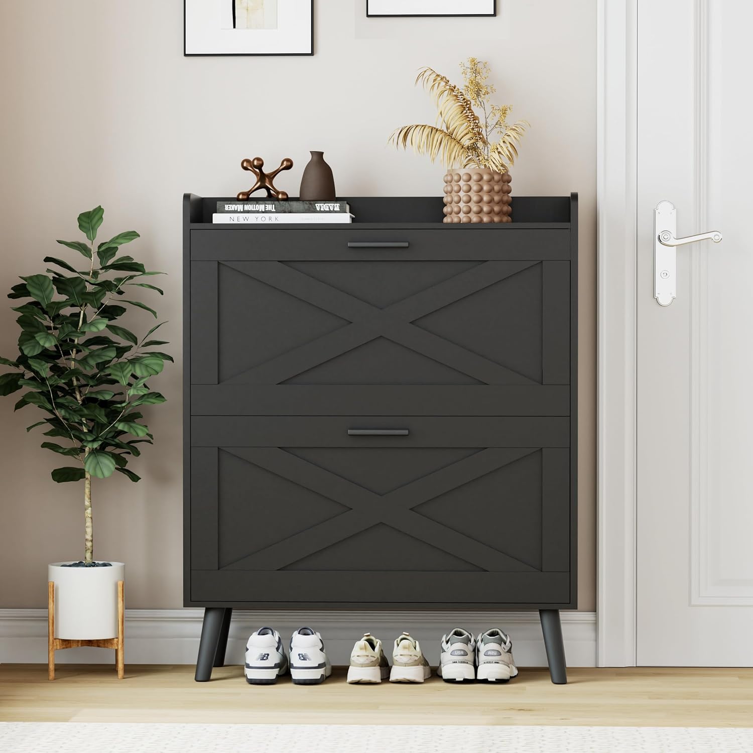 32" W Farmhouse Shoe Storage Cabinet with 2 Flip Drawers and Barn Door Design, Adjustable Shelves, Modern Hidden Slim Narrow Shoe Rack Cabinet for Entryway, Foyer, Hallway, Living Room, Black