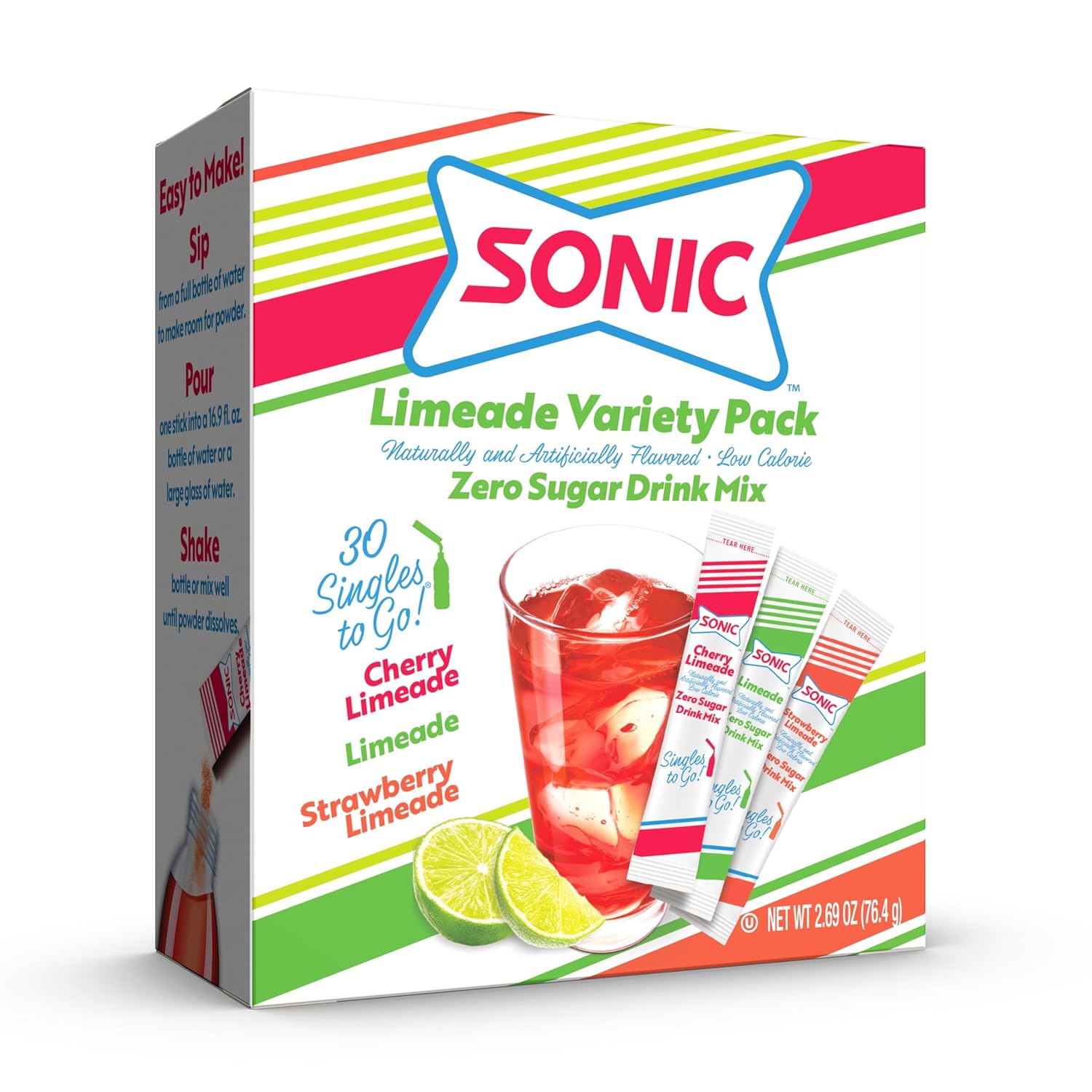 Sonic Singles To Go Limeade Variety Pack, Watertok Powdered Drink Mix, Includes 3 Flavors, Limeade, Cherry Limeade, Strawberry Limeade, 1 Box (30 Servings)