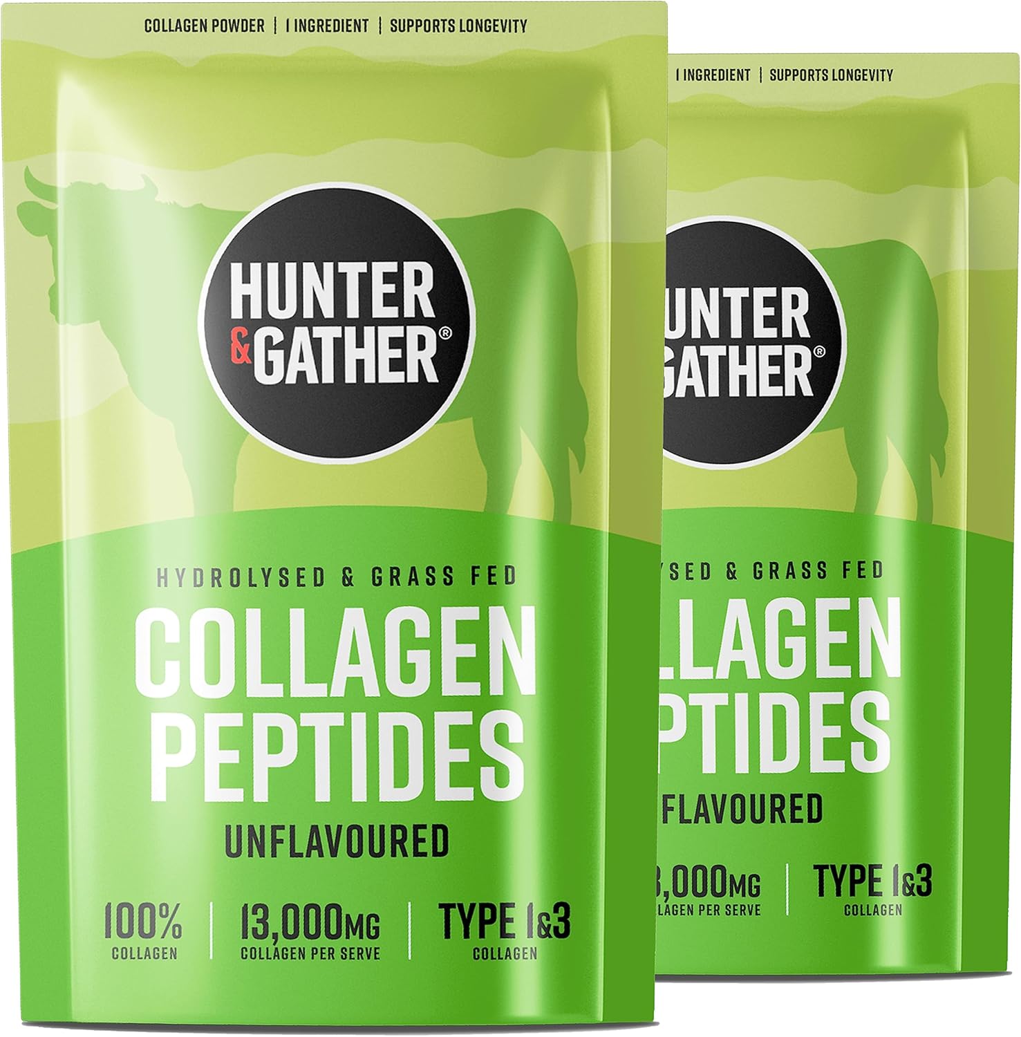Hunter & Gather Bovine Collagen Powder Twin Pack | Pure Unflavoured Premium Hydrolysed Bovine Collagen Peptides Powder for Hair Skin Nails Muscles | Collagen Supplements for Women and Men