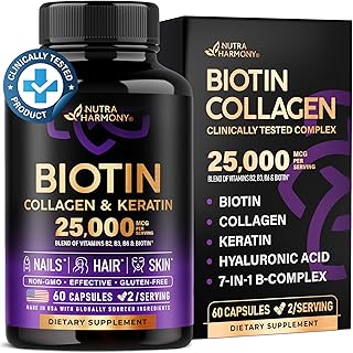 Biotin | Collagen | Keratin - Clinically Tested Supplement - Hair Growth Support - Skin & Nails Complex 25000 mcg - Hyaluronic Acid | B2 | B3 | B6 | B7 - Made in USA - For Women & Men | 60 Capsules