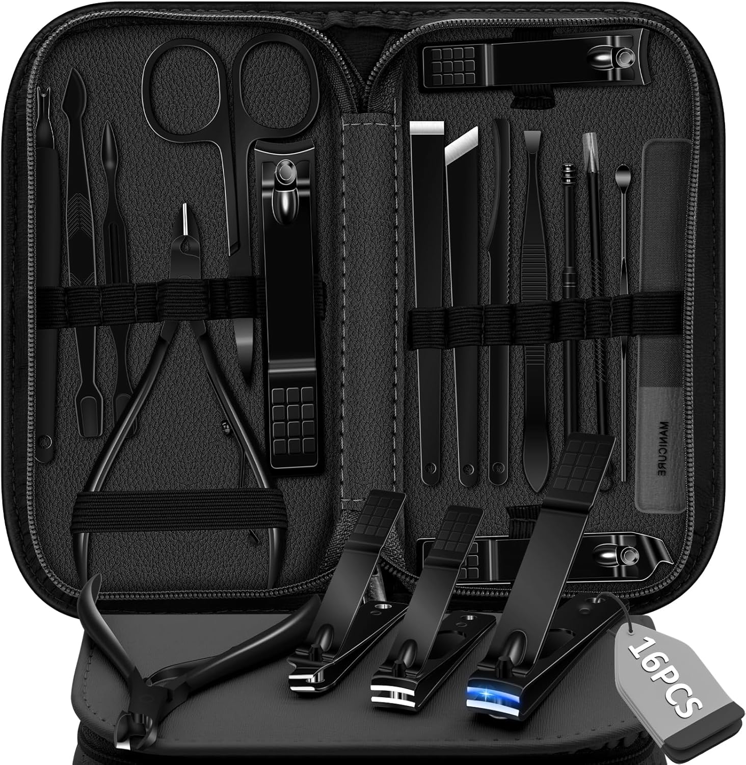 Manicure Set Pedicure Kit, 16 Pcs Stainless Steel Nail Clippers Set, Professional Nail Care Tools Grooming Kit with Portable Travel Leather Case for Men Women Black
