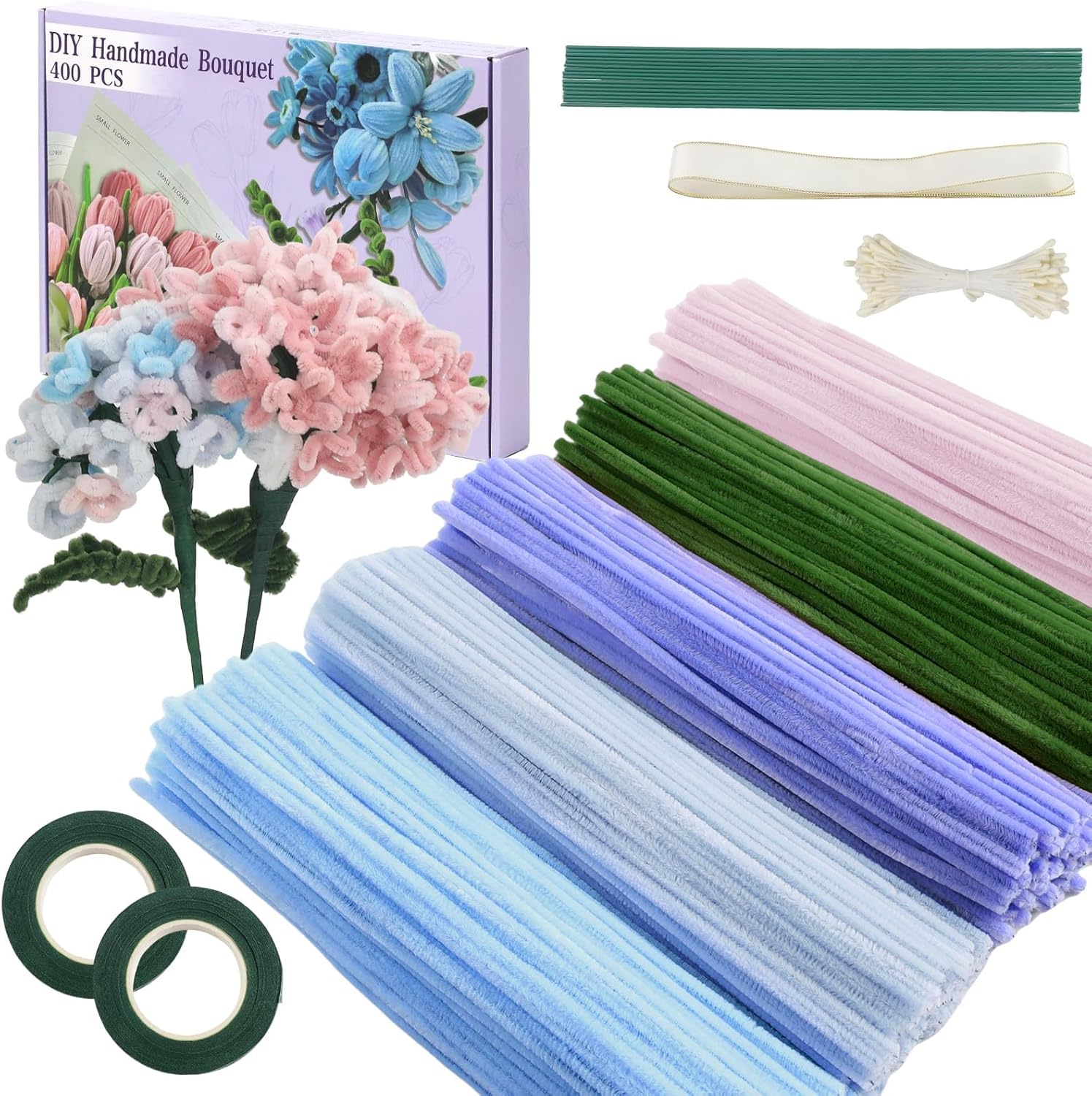 400pcs Pipe Cleaners for Craft Flowers, Pipe Cleaners for Tulip Bouquet, Fuzzy Sticks Craft Supplies for Flower DIY Craft Kit Gift, Chenille Stems Arts & Crafts with Tutorial (Colourful)