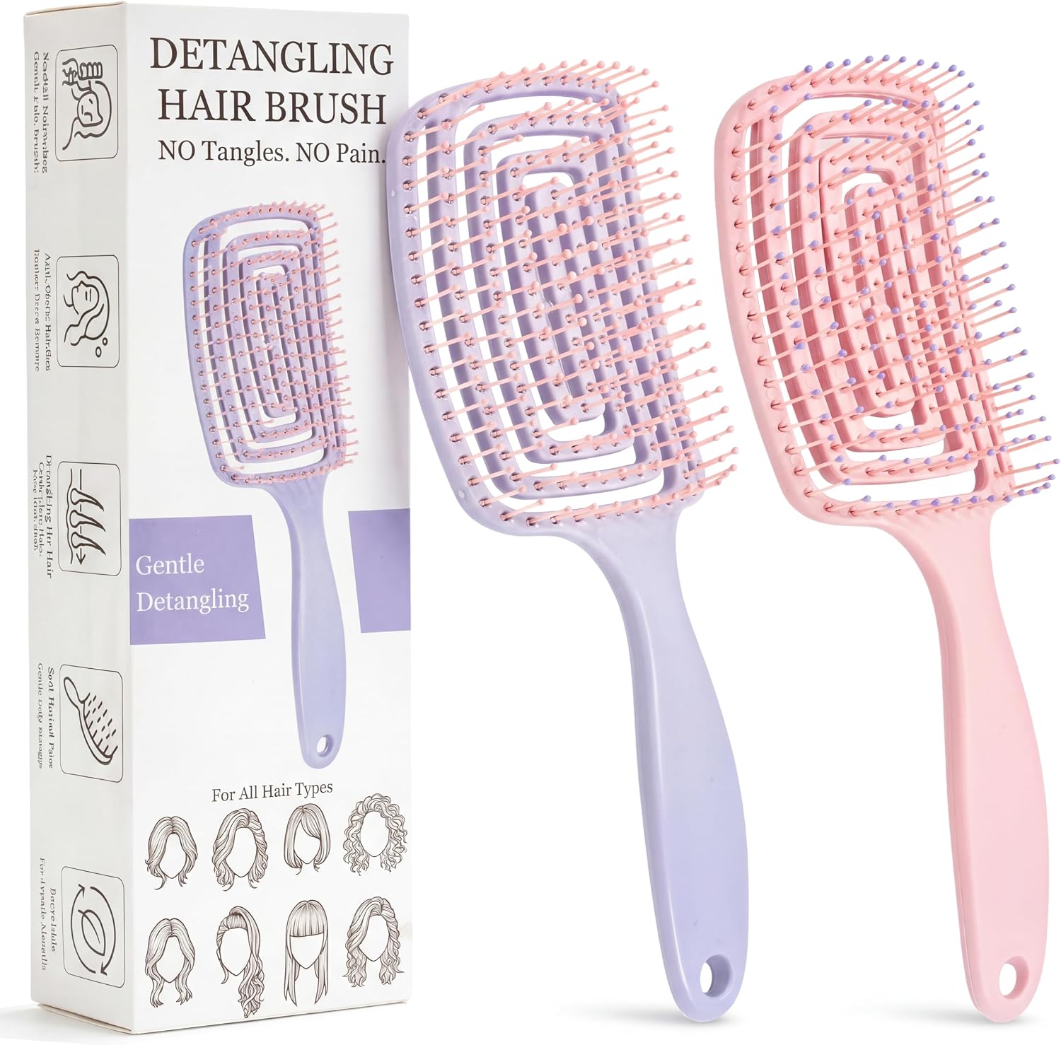 Yikki 2Pack Detangle Hair Brush for Women Wet & Dry Hair, Pink+Purple