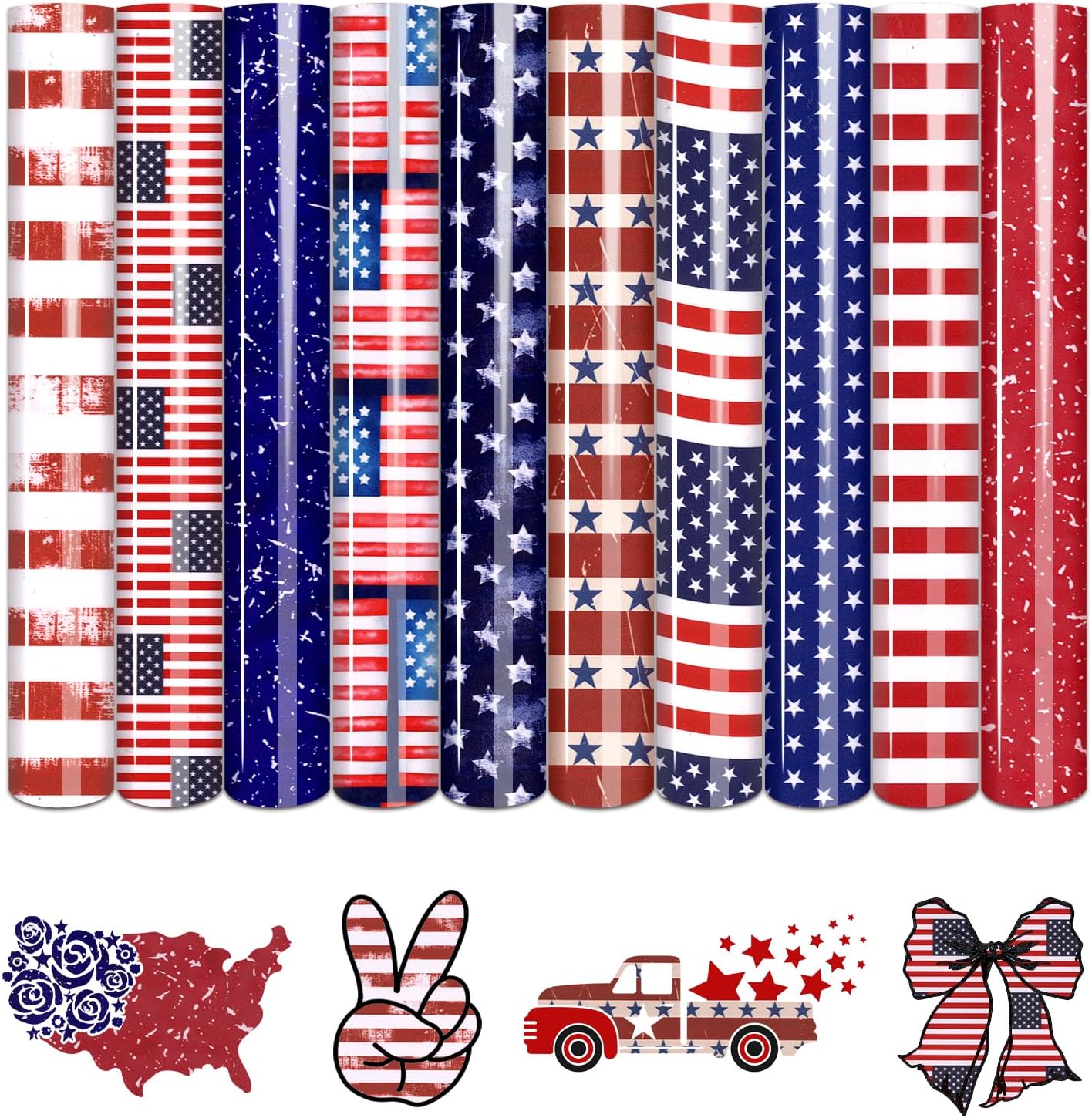 Tintnut American Flag Heat Transfer Vinyl - 10 Sheets 10x12 Inch Patriotic Navy Blue White Stars Independence Day Iron On Vinyl for Cricut & Silhouette Cameo