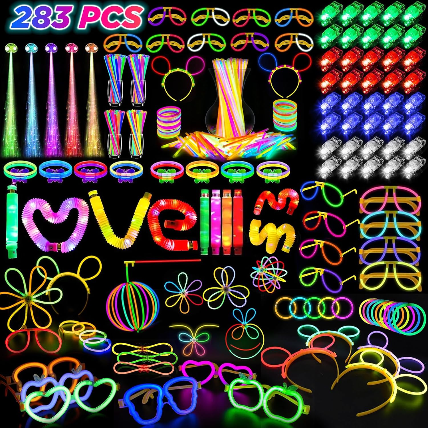 Glow in the Dark Party Favors for Adults Kids, 27 Carnival Accessories, 56 LED Light Up Toys Bulk, 100 Glow Sticks Party Pack, Neon Party Supplies & Decorations