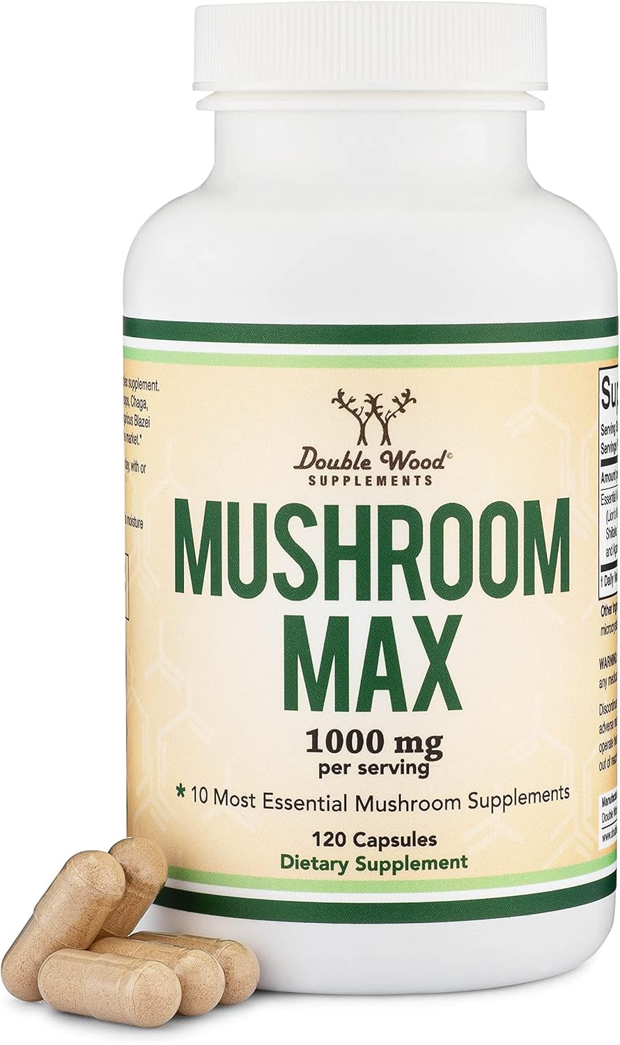 Double Wood Supplements Mushroom Complex Supplement - 1,000mg - 10 Most Essential Mushrooms (Lion's Mane, Reishi, Cordyceps, and More), 120 Capsules