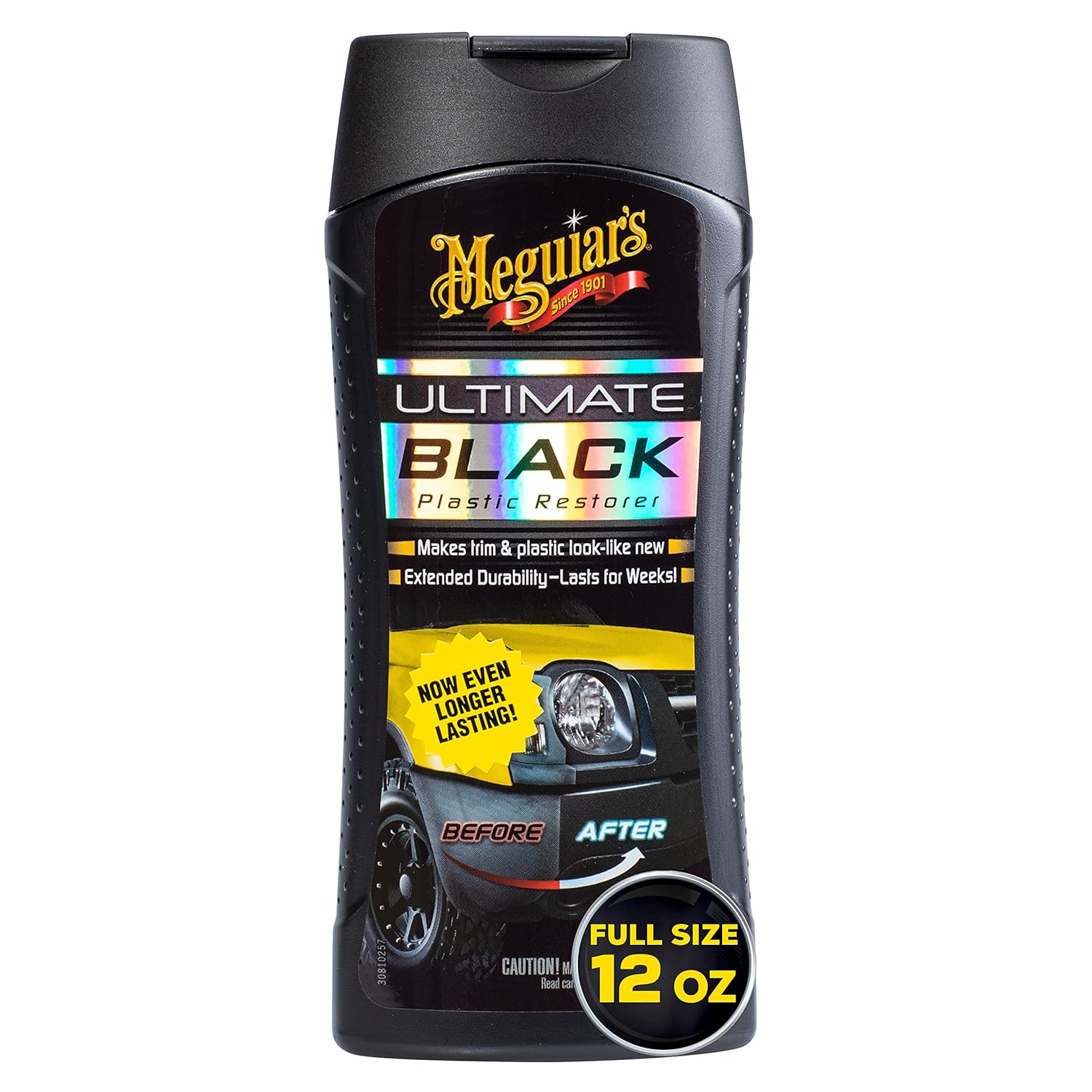 Meguiar's Ultimate Black Plastic Restorer, Durable Car Restorer That Gives New Life to Exterior Black Plastic, Vinyl, and Rubber Trim, 12 Oz Bottle