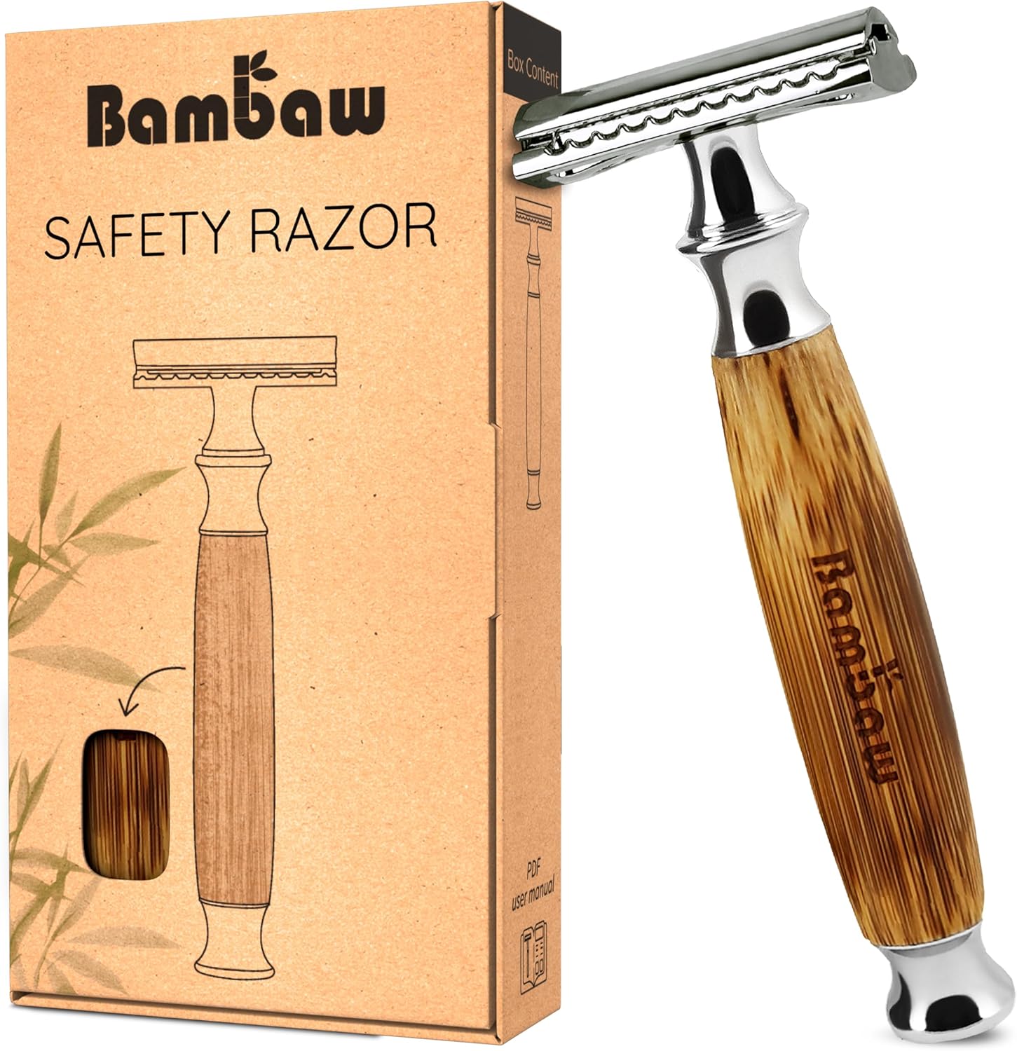 Bambaw Double Edge Razor Men & Women, Reusable Metal Razor Women, Easy & Safe to Use, Close & Smooth Shave with Balanced Weight for Full Control, No Blade Included (Thick Bamboo Silver)