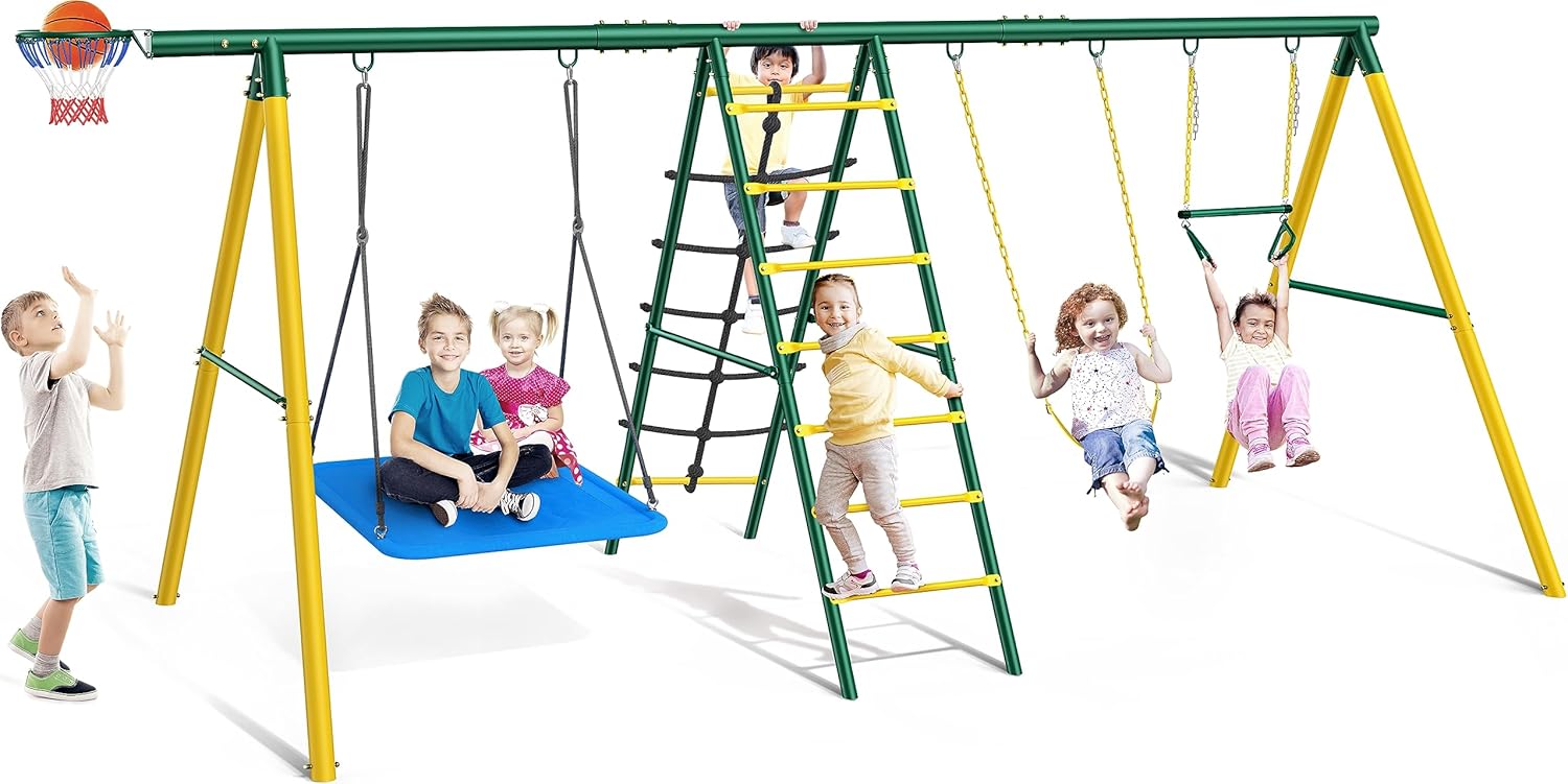 Osoeri Swing Sets for Backyard, 6 in 1 Swing Sets,Heavy-Duty Metal Swing Sets for Backyard with 2 Swings, Climbing Ladder and Nets,Trapeze Bar and Basketball Hoop