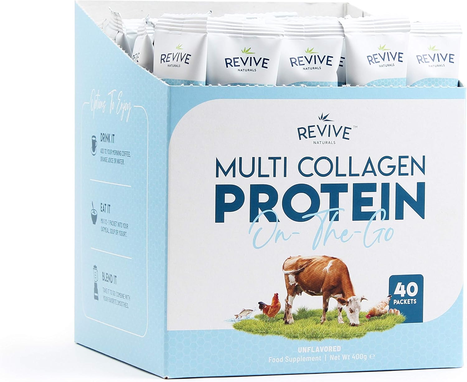 Multi Collagen Protein Powder Packets - Types I, II, III, V & X - Hydrolyzed Grass Fed Bovine, Wild Caught Fish, & Free-Range Chicken & Eggshell Collagen (10g Each, 40 Packets) by Revive Naturals