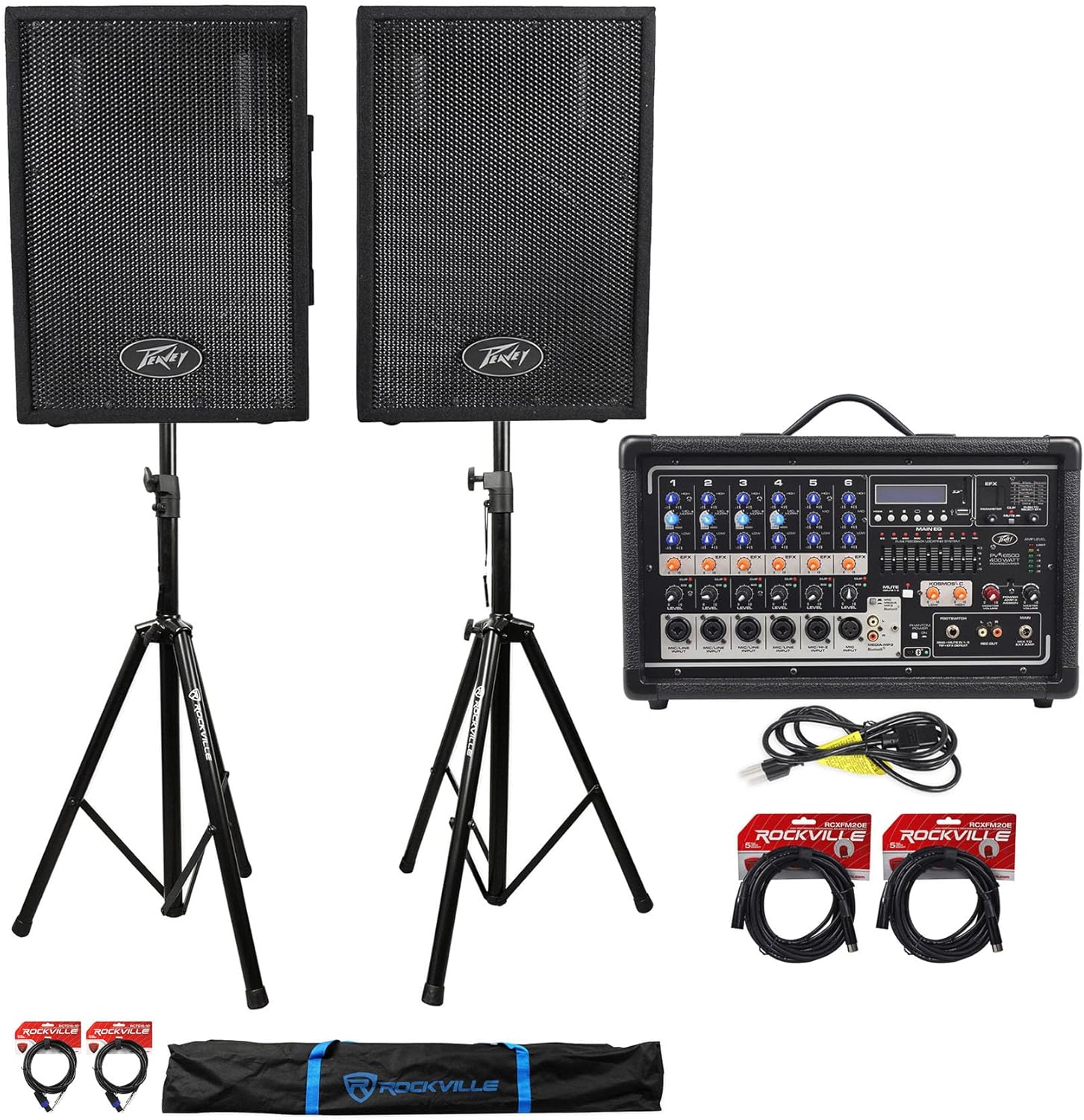 Peavey Pvi6500 400 Watt 6-Channel Powered Live Sound Mixer+PVi10's+Stands+Cables