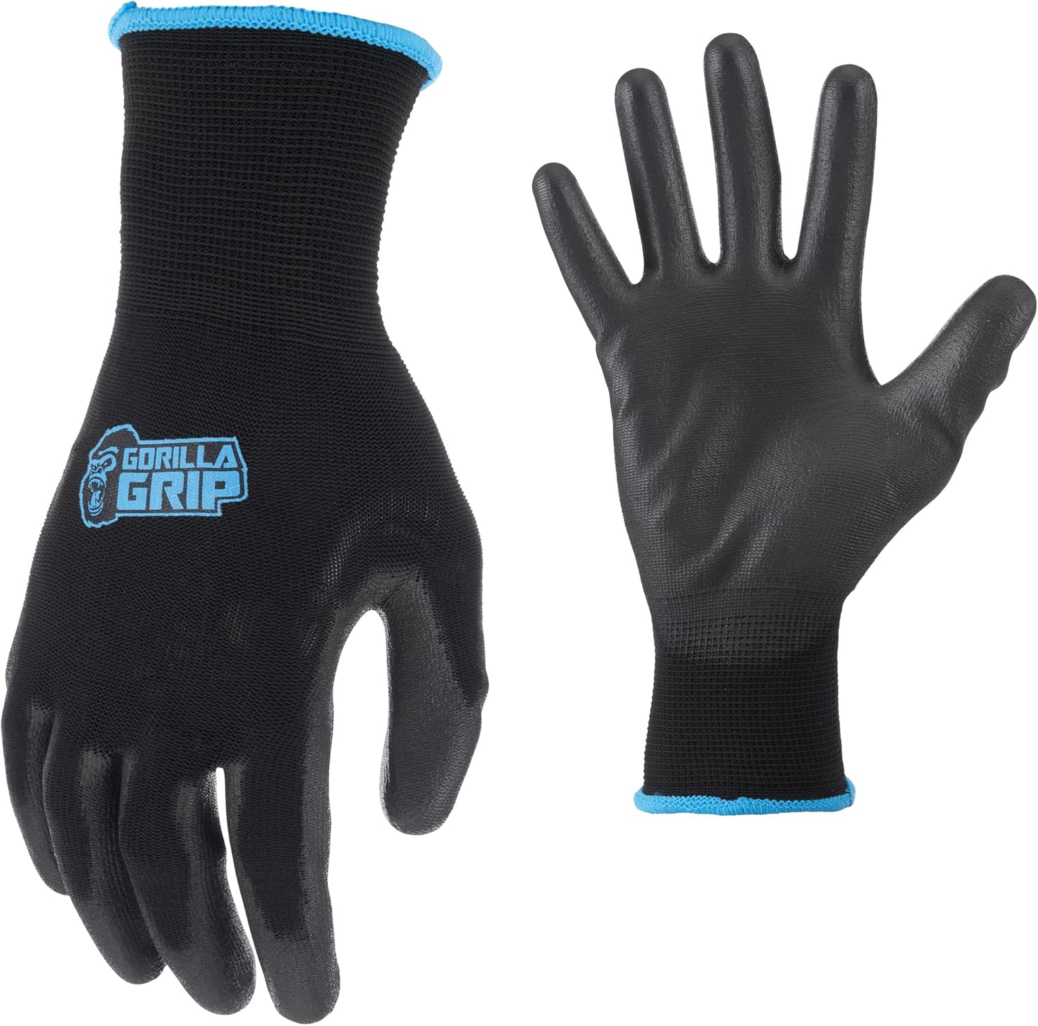 Gorilla Grip Work Gloves, Never Slip Maximum Grip All-Purpose, Gloves for Men, Superior in Wet, Dry, Oily Conditions, Polymer Palm, Large Size, 10 Pairs, Black/Blue | 25162-60