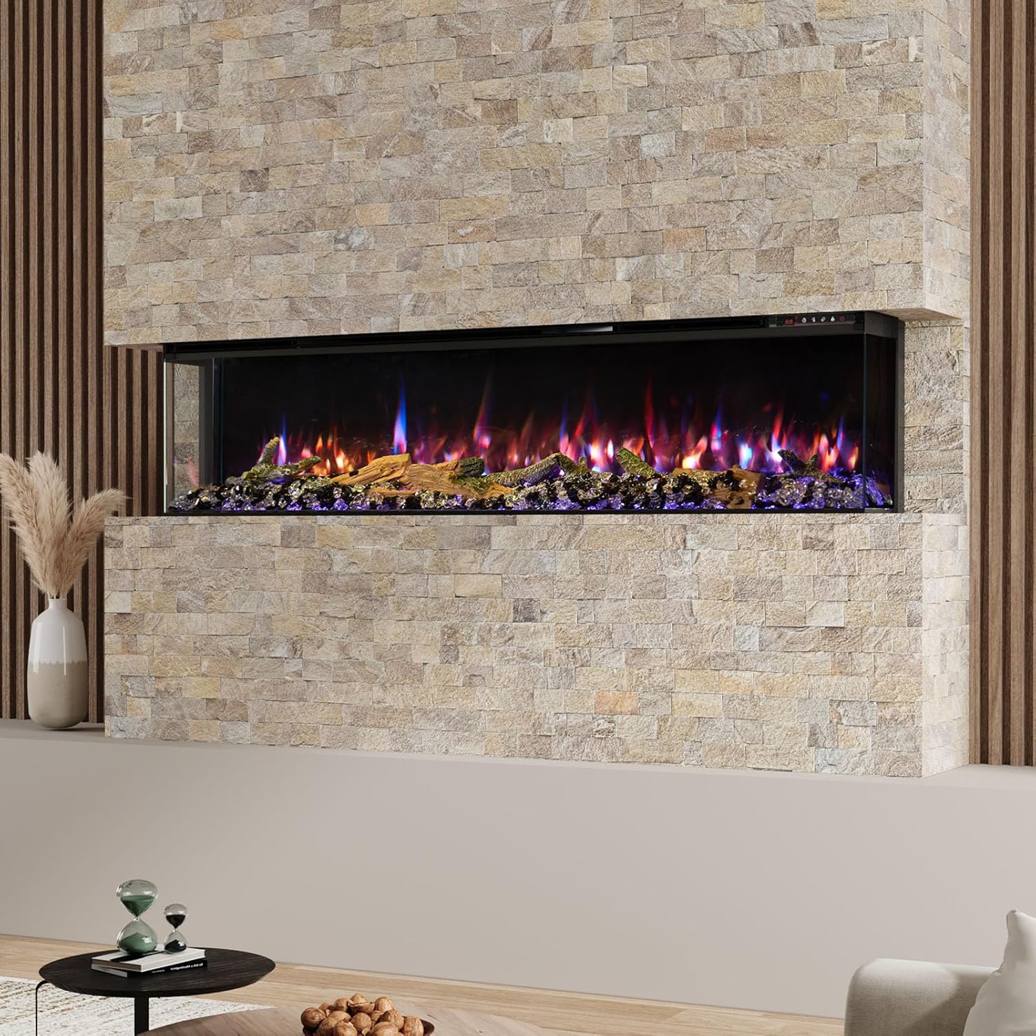 Warmiehomy Electric Fire 60inch/150cm Insert Media Wall Fireplace with APP & Remote Control, 12 LED Flame Effect & 7 Backlight Support, Child Lock & Overheat Protection