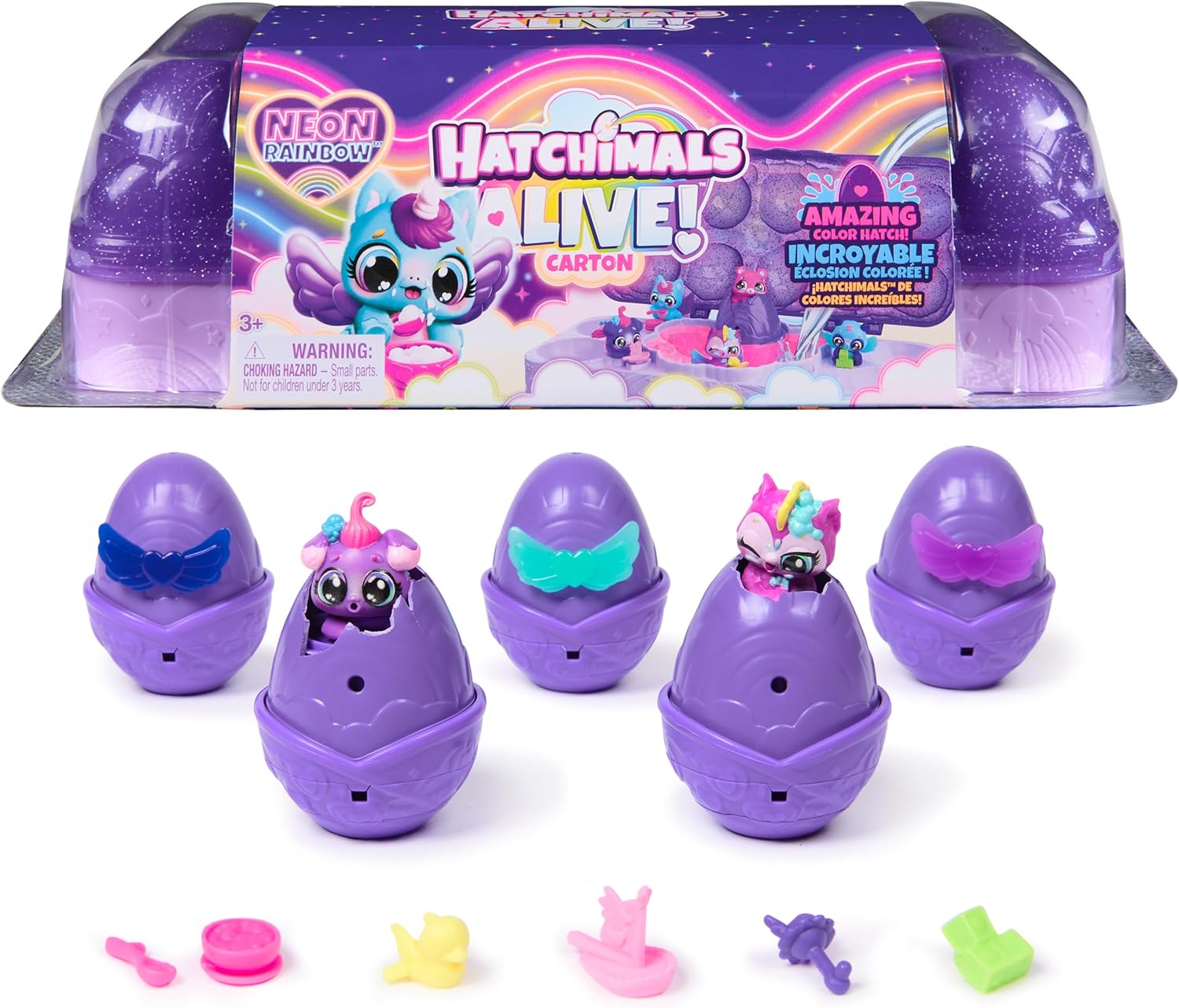 Hatchimals Alive, Neon Rainbow Egg Carton Toy with 5 Mini Figures in Color Reveal Eggs & 11 Accessories, Kids Toys for Girls & Boys Ages 3 and up