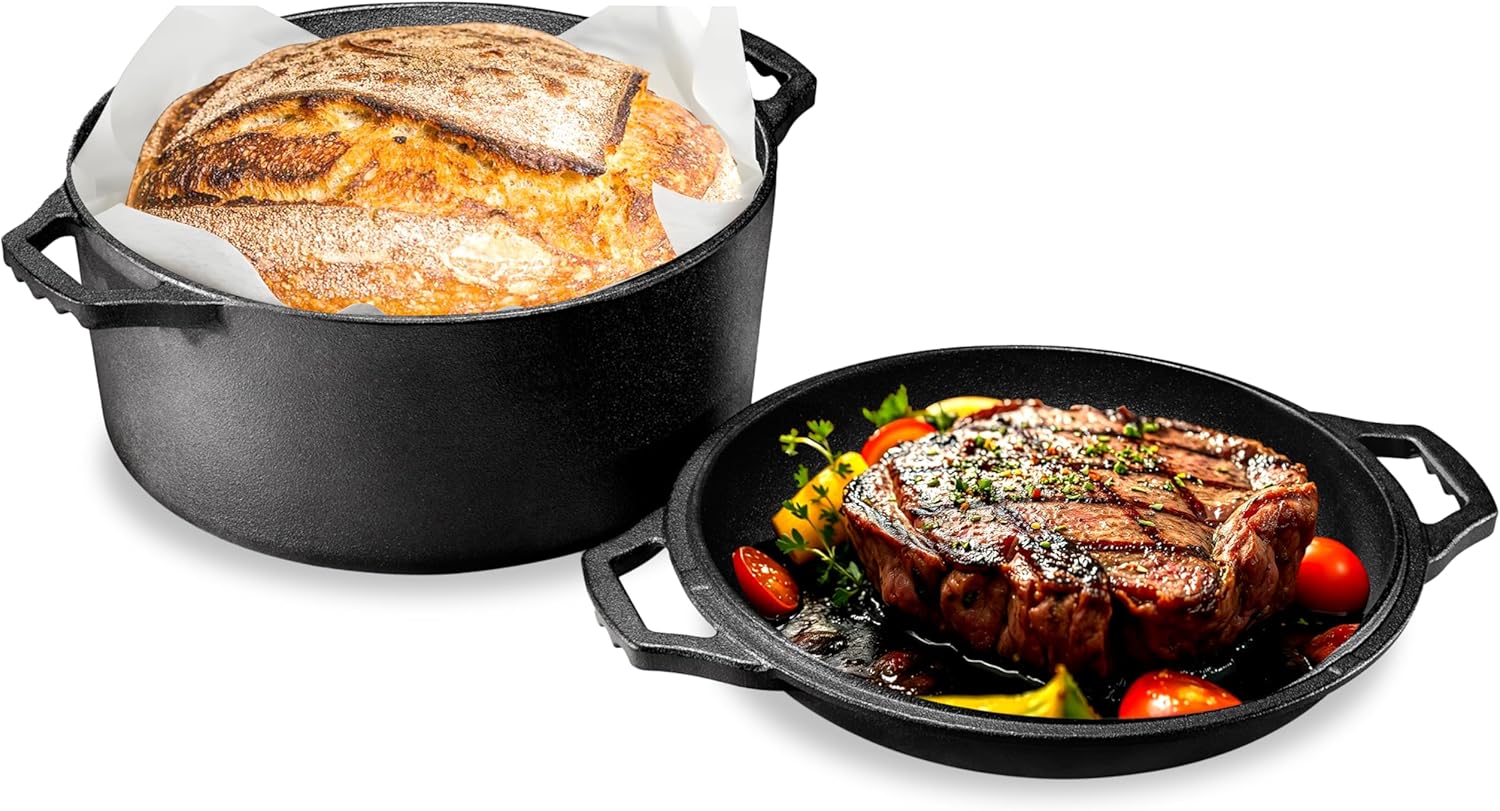 NutriChef Cast Iron Multi Cooker - Pre-Seasoned Non-Stick Double Dutch Oven Stovetop Casserole Cookware Braising Pot and Skillet Lid with Handle- For Oven, Stove, Grill, Over a Campfire Cooking