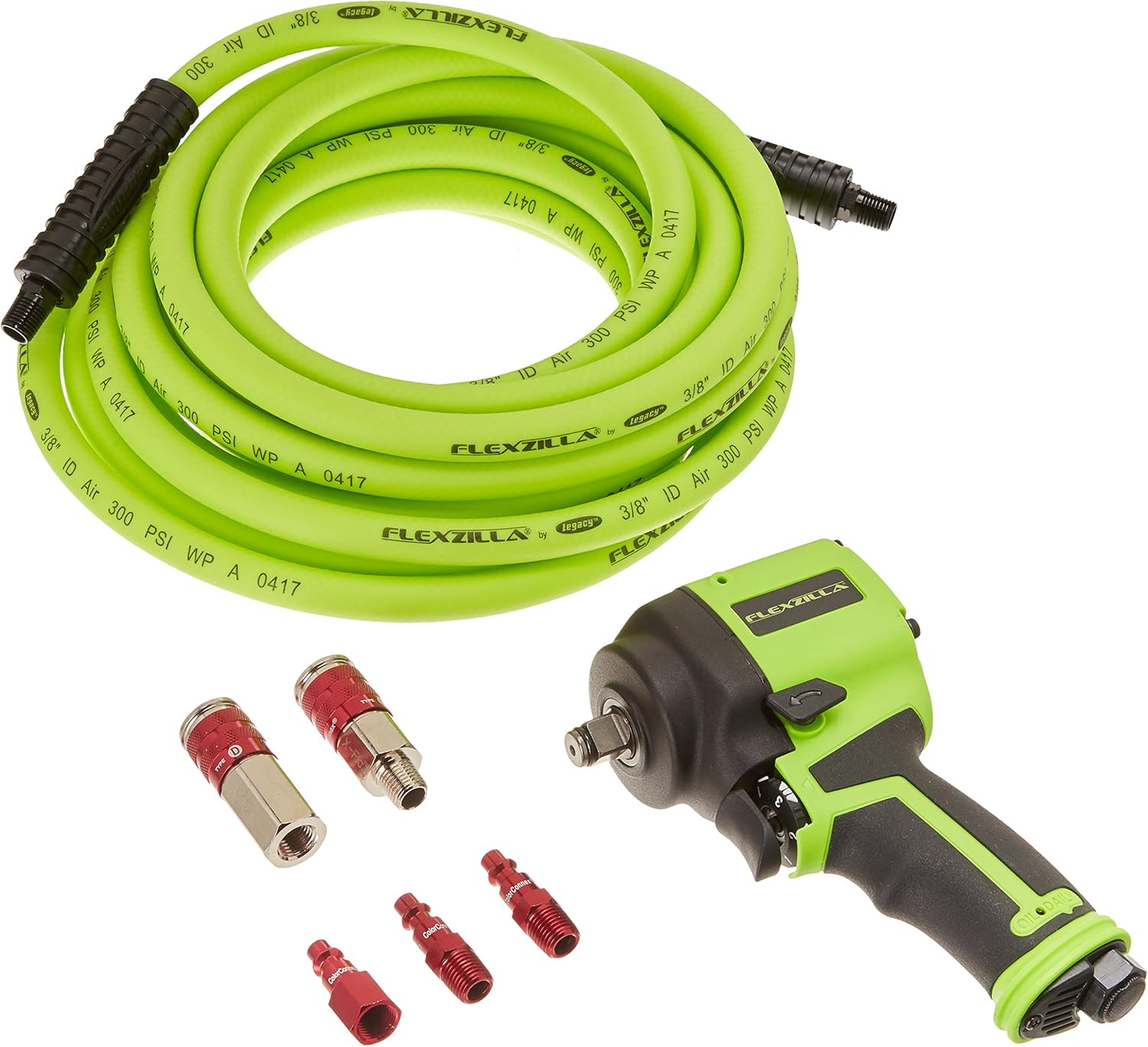 Flexzilla Mini Impact Wrench Kit, 1/2" Drive, with Flexzilla Hose 3/8" x 25' and ColorConnex X-Flo Couplers and Plugs - AT8500FZ