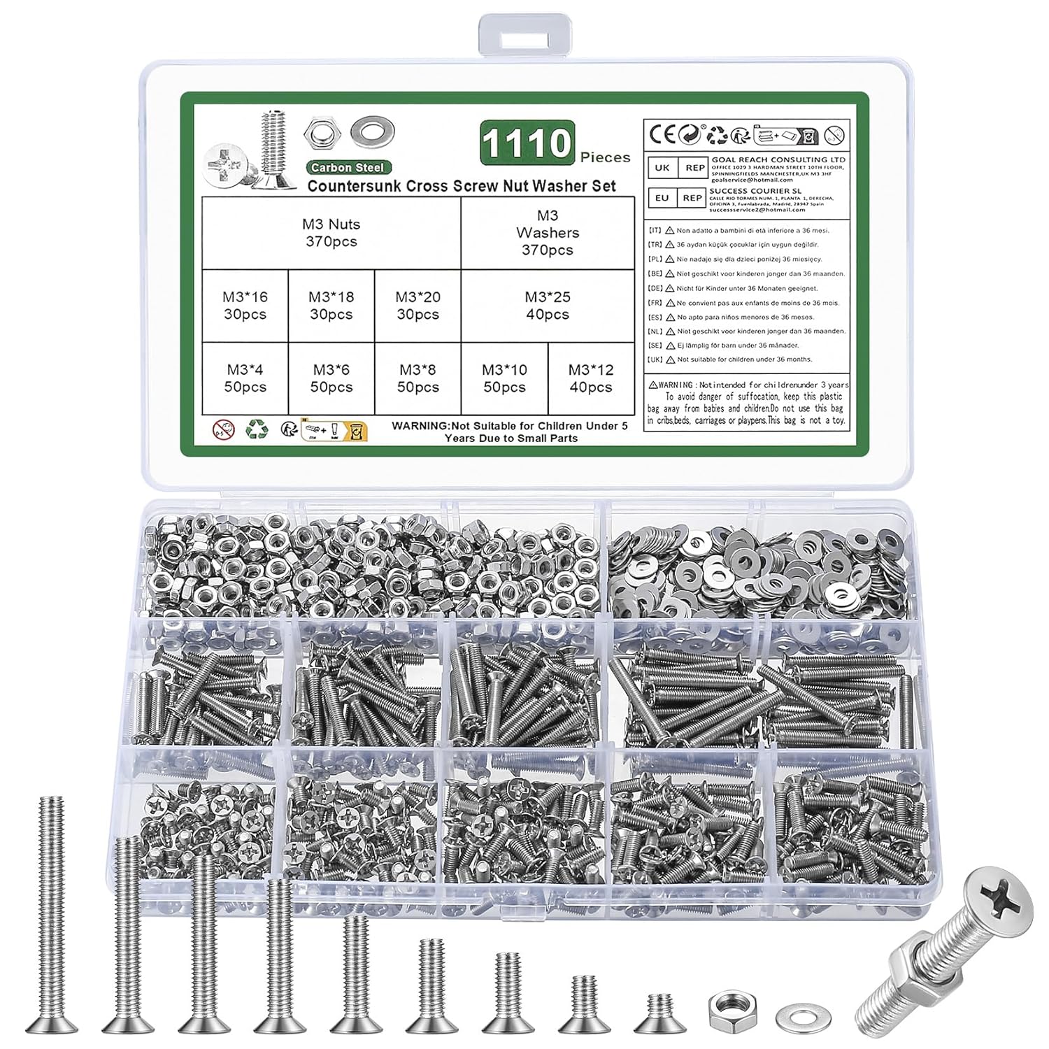 1110 Pcs M3 Screws and Nuts Set, Countersunk Bolts and Nuts Assortment, Phillips Flat Head Machine Screws with Washers Set(M3 Screw Kit, Silver)