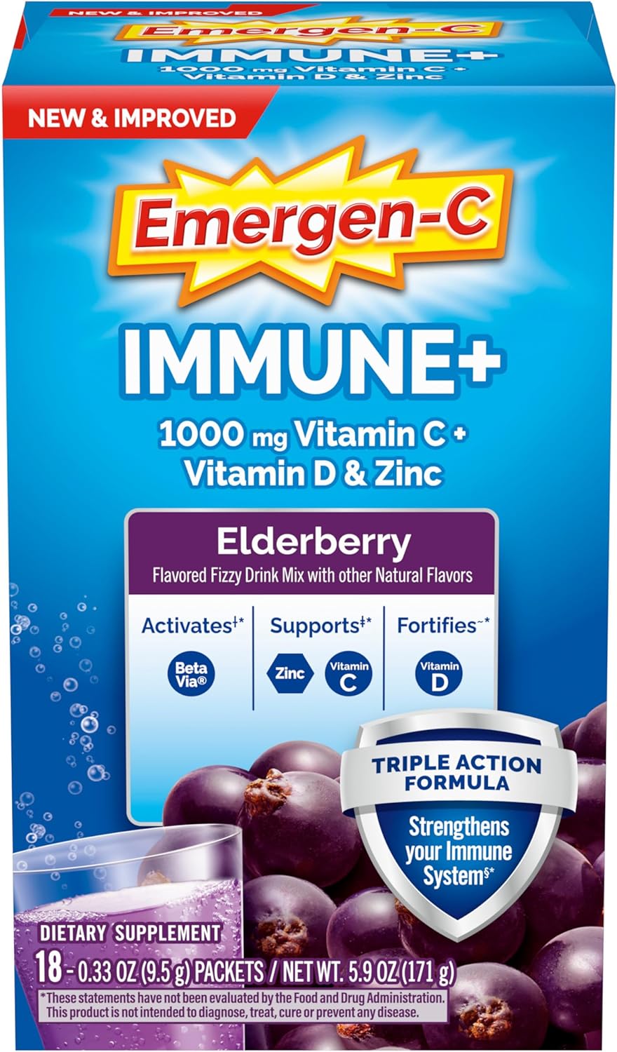 Emergen-C Immune+ Vitamin C 1000mg (18 Count, Elderberry) Dietary Supplement Fizzy Drink Mix Powder Packets