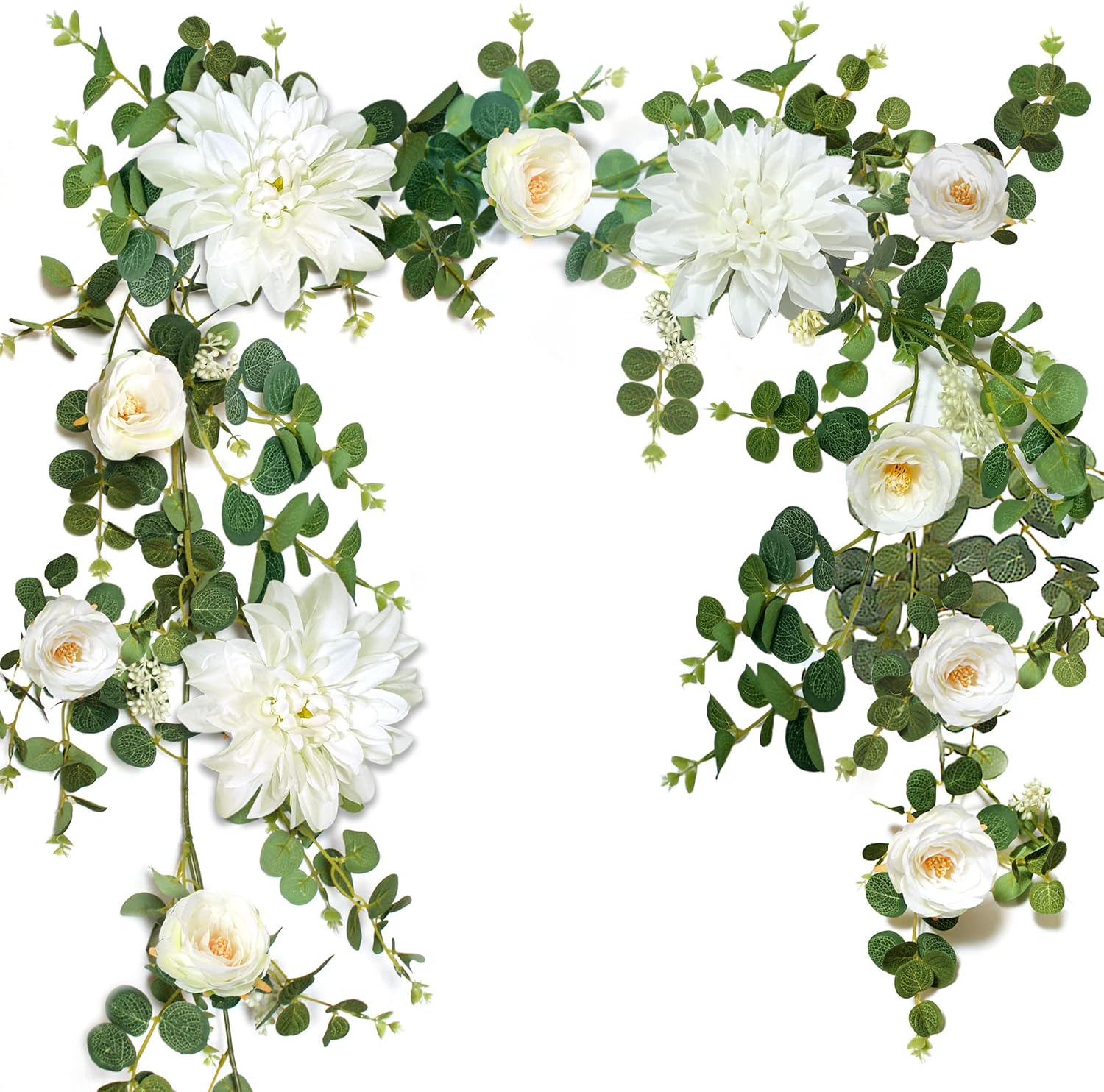 White Flower Garland, Eucalyptus Garland, Artificial Vine For Wedding Door Decoration Wall Hanging Plant Table Runner Mantle Decoration(Camellia Dahlias)