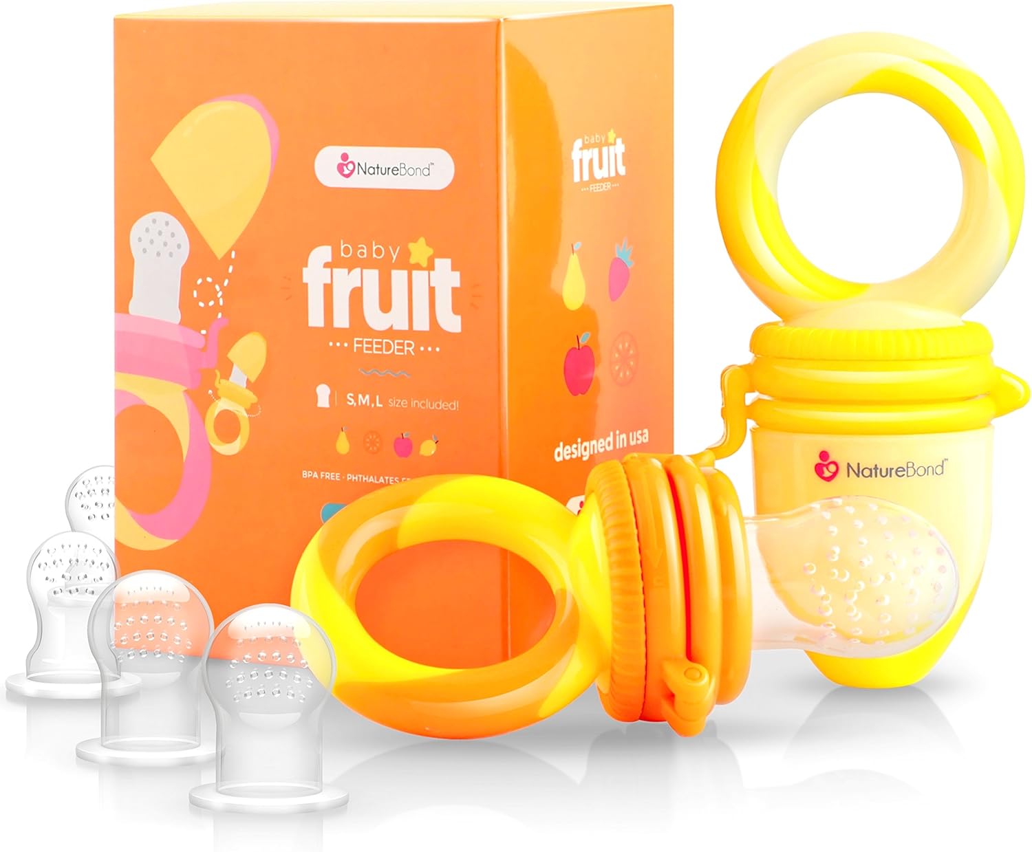 NatureBond Baby Food Feeder/Fruit Feeder Pacifier (2 Pack) - Infant Teething Toy Teether | Includes 6 PCs Silicone Sacs (Sunshine Orange & Lemonade Yellow)