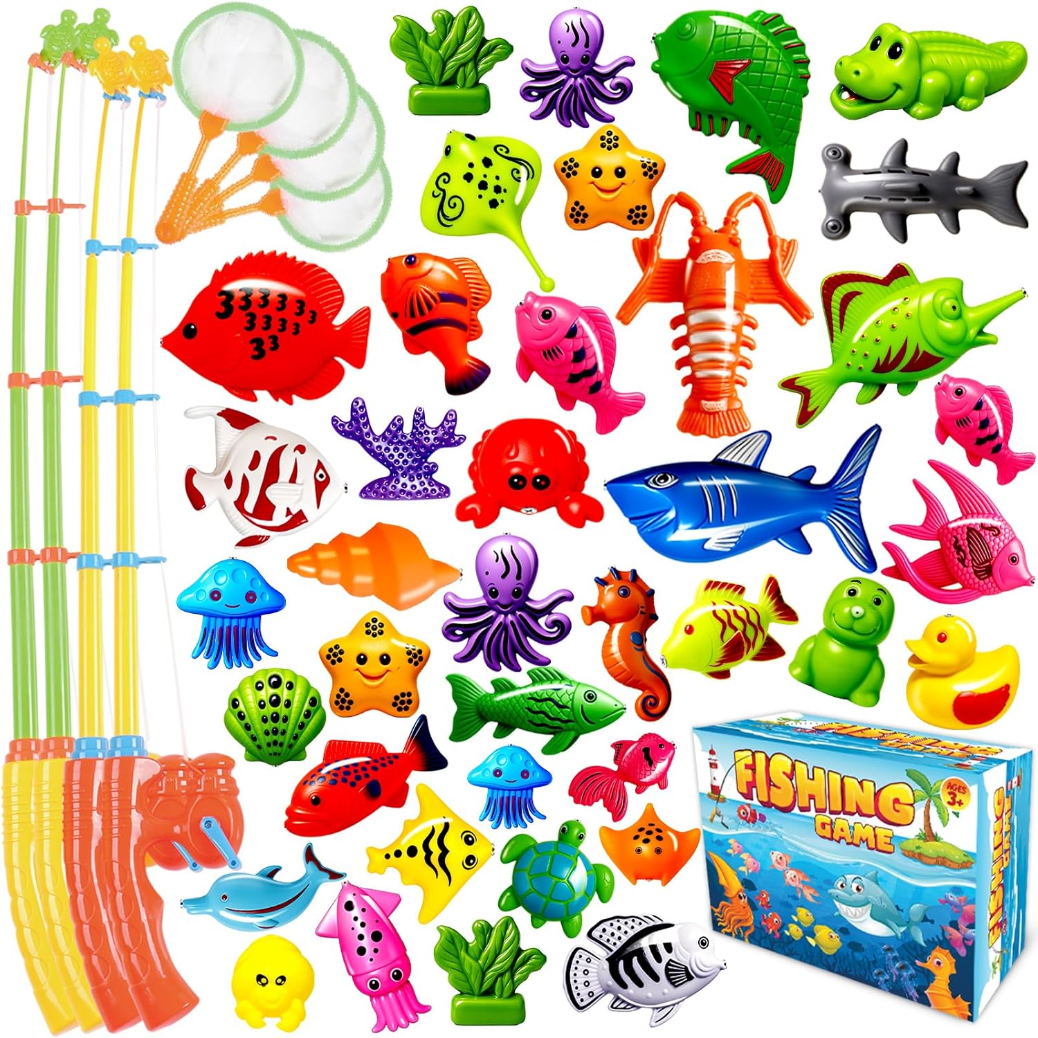 CozyBomB™ Magnetic Fishing Toys Game Set for Kids | Water Table Bathtub Kiddie Pool Party Pole Rod Net, Plastic Floating Fish Toddler Color Ocean Sea Animals Birthday for Age 3-5 6 4-8