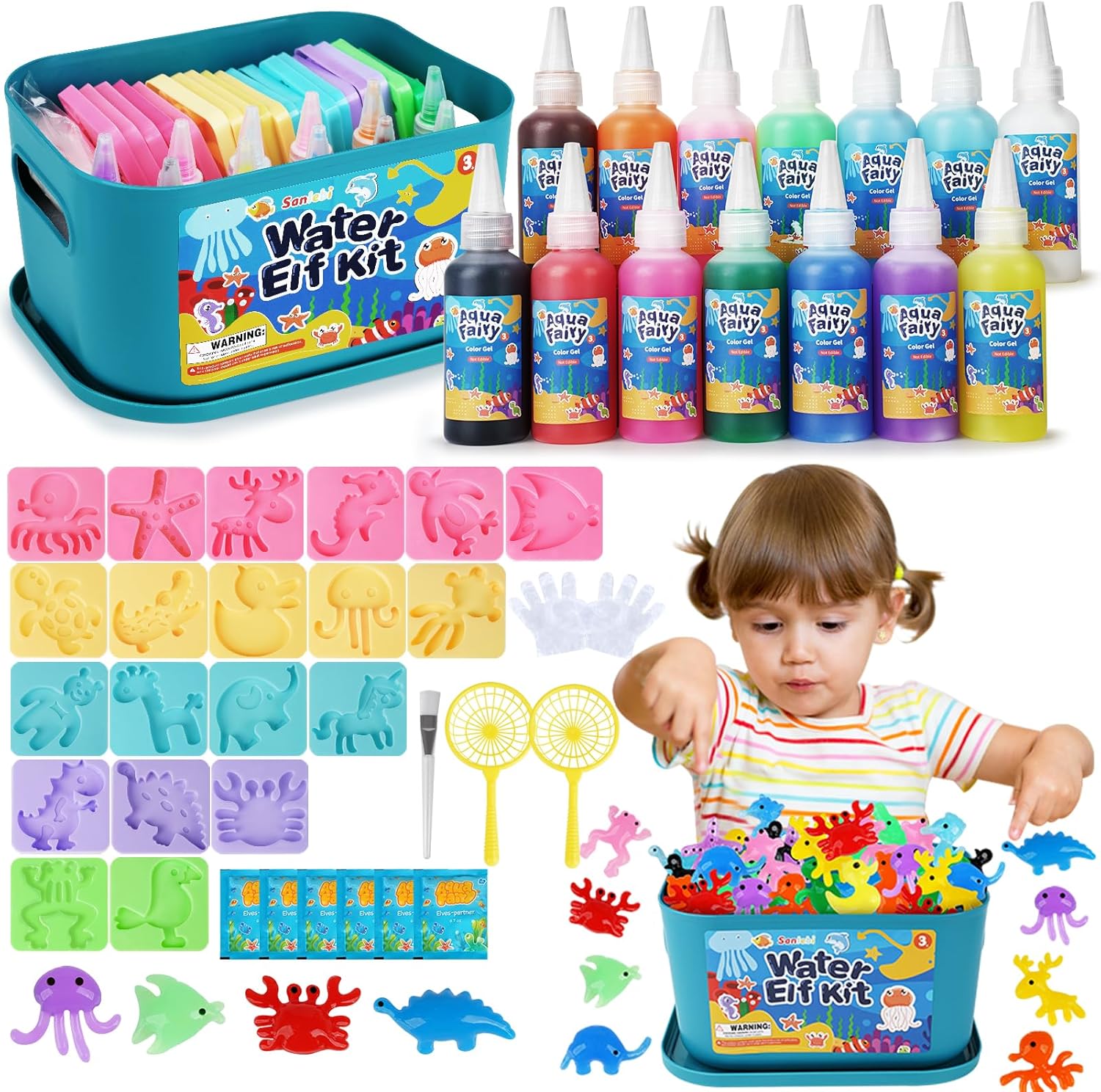 Sanlebi Aqua Fairy Water Gel Kit DIY Toys, 46 PCS Magic Toy Kit, Aqua Gelz Kits for Kids, 20 Molds & 14 Gels, Educational Gift for Boys Gifts Ages 4 5 6 7 8