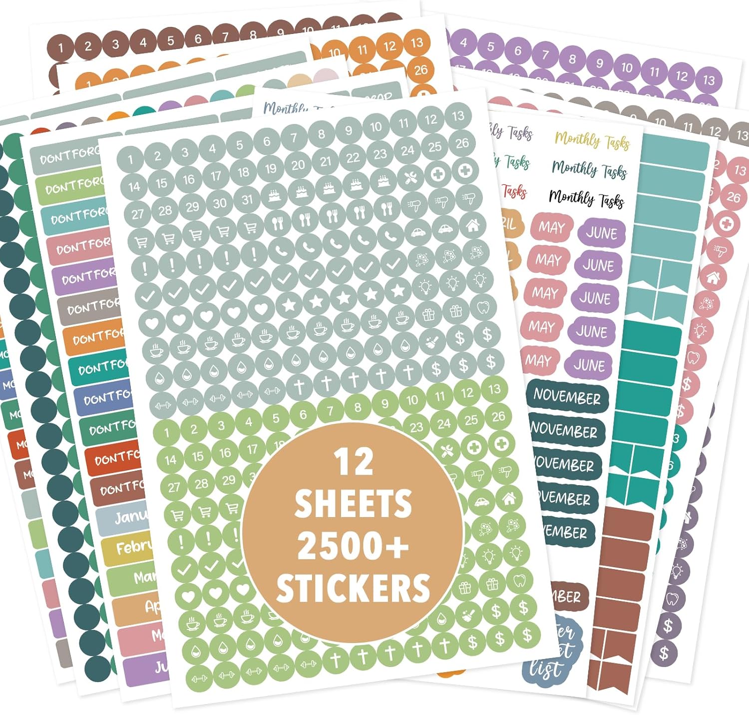 FindFunFine 2500+ Monthly Planner Stickers,Daily Planner Adhesive Color Coding Sticker for Women's Scrapbooking Calendar Decor Monthly Holiday Seasonal Journal Decor