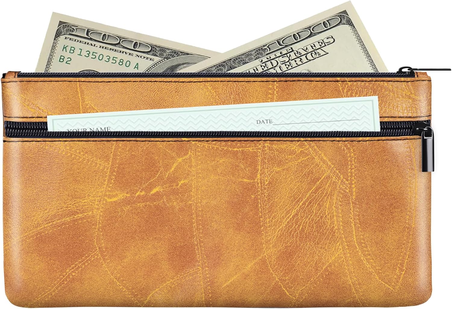 HAUTOCO Money Bag with Zipper 11 x 6.1 inch Embossed Deposit Money Pouch with Lined PU Leather Bank Bag Two Pockets Utility Wallet for Cash Check Receipt Coins Cosmetics, Brown