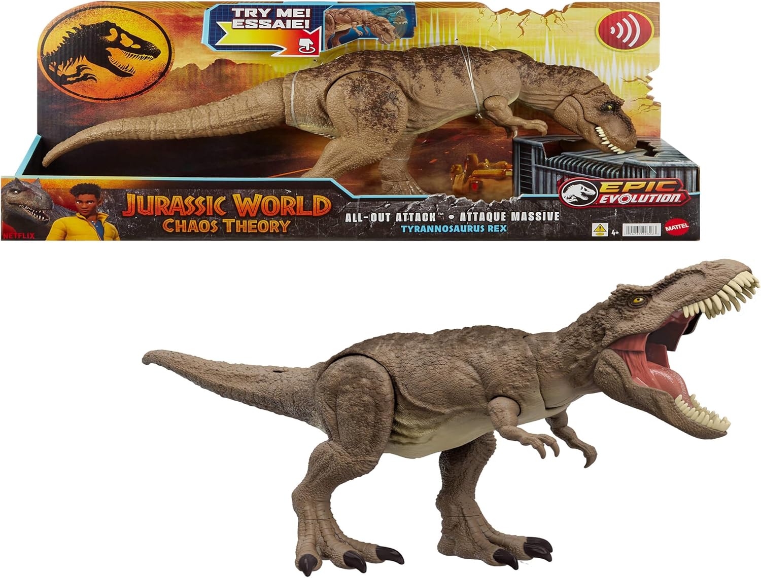 Mattel Jurassic World: Chaos Theory Netflix - All-Out Attack Tyrannosaurus Rex Dinosaur Action Figure Toy, with Rampage Attack, Chomp & Roar & Evolved Spikes, Digital Play, Ages 4 Years & Up, HXF54