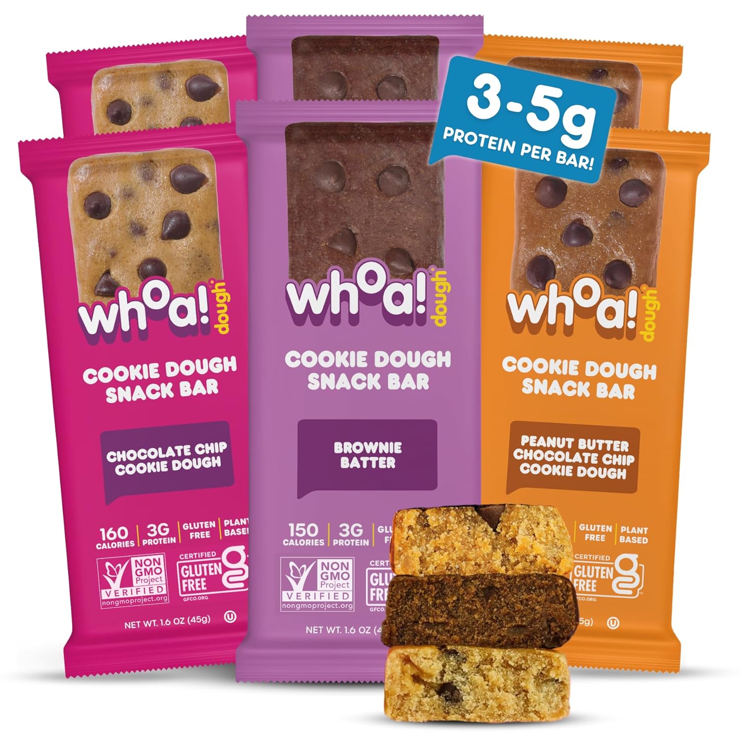 Whoa Dough Best Sellers Edible Cookie Dough Bars- Certified Non-GMO, Kosher and Gluten Free Bars - Healthy Snack Foods - Plant Based Snacks - Real Ingredients - Variety Pack (6 Bars)