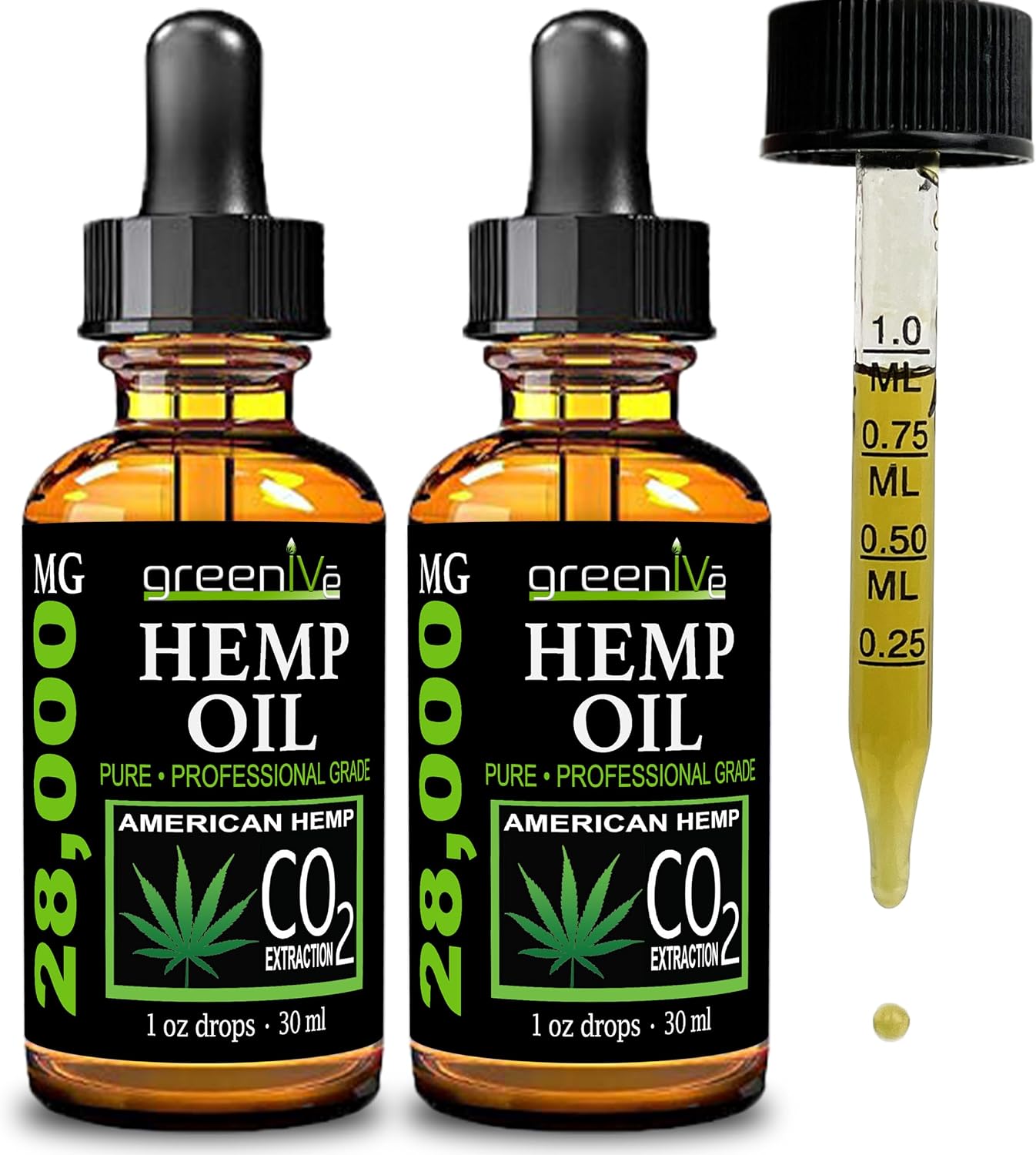 GreenIVe Hemp Oil Drops 28,000mg Per Bottle – Naturally Grown, Vegan, Rich in Omegas – Premium Hemp Oil Dropper – Non-GMO, Made in USA – 30mL (2 Pack)