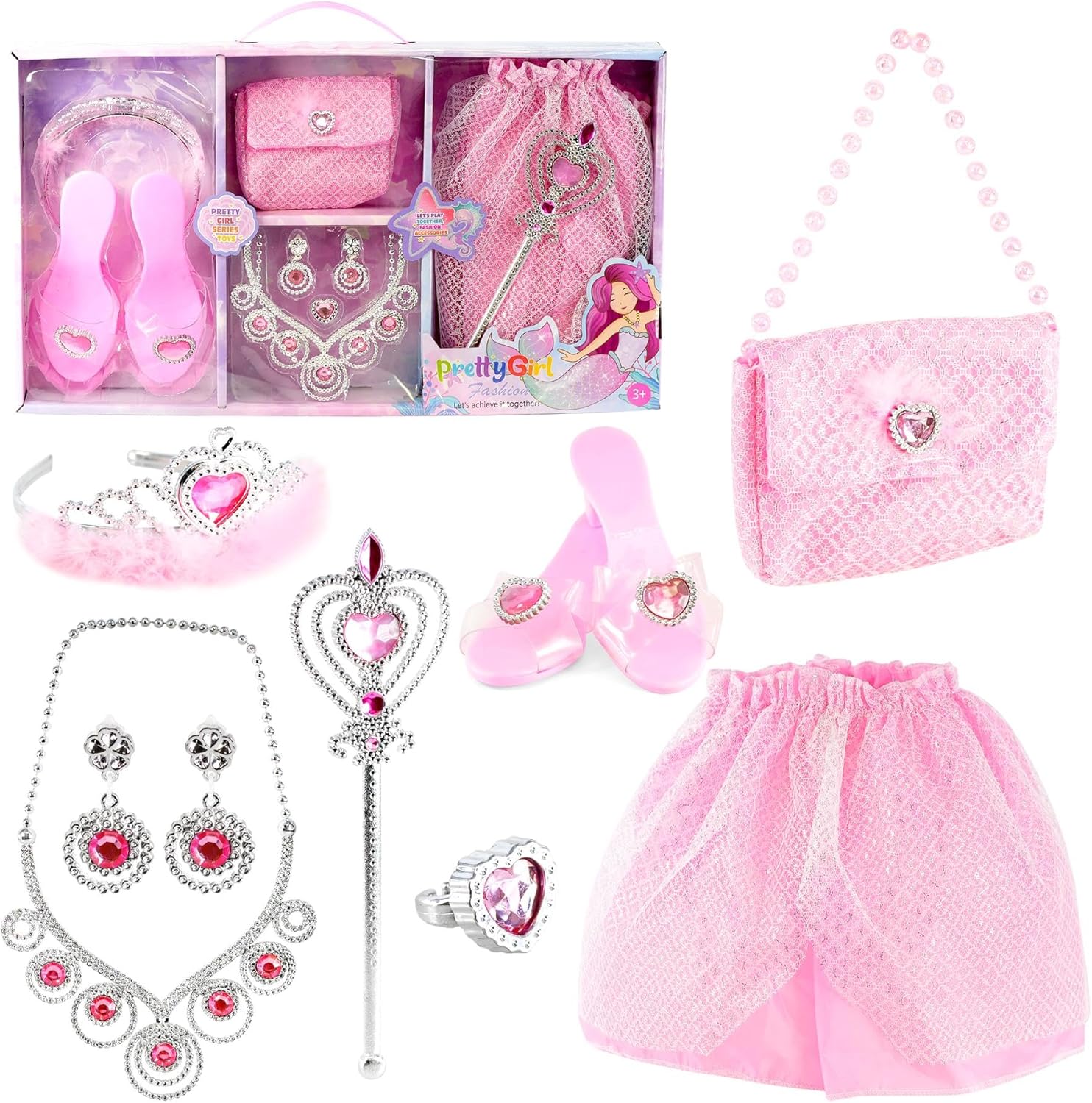 The Magic Toy Shop Princess Costume for Girls Fancy Dress Up Princess Dress Up Shoes with Pretend Jewelry Accessories Girl Toys Toddler Girls Birthday Halloween Gifts