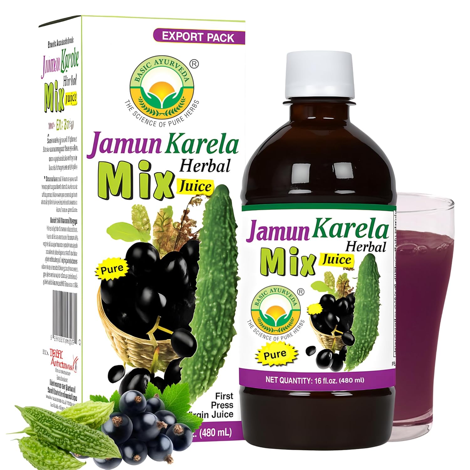 BASIC AYURVEDA Jamun Karela Herbal Mix Juice | Made with Indian BlackBerry & Bitter Gourd | Natural Herbal Blend for Skin & Eye Care | Supports Oral Health & Cleansing | 16.23 Fl Oz (480ml)