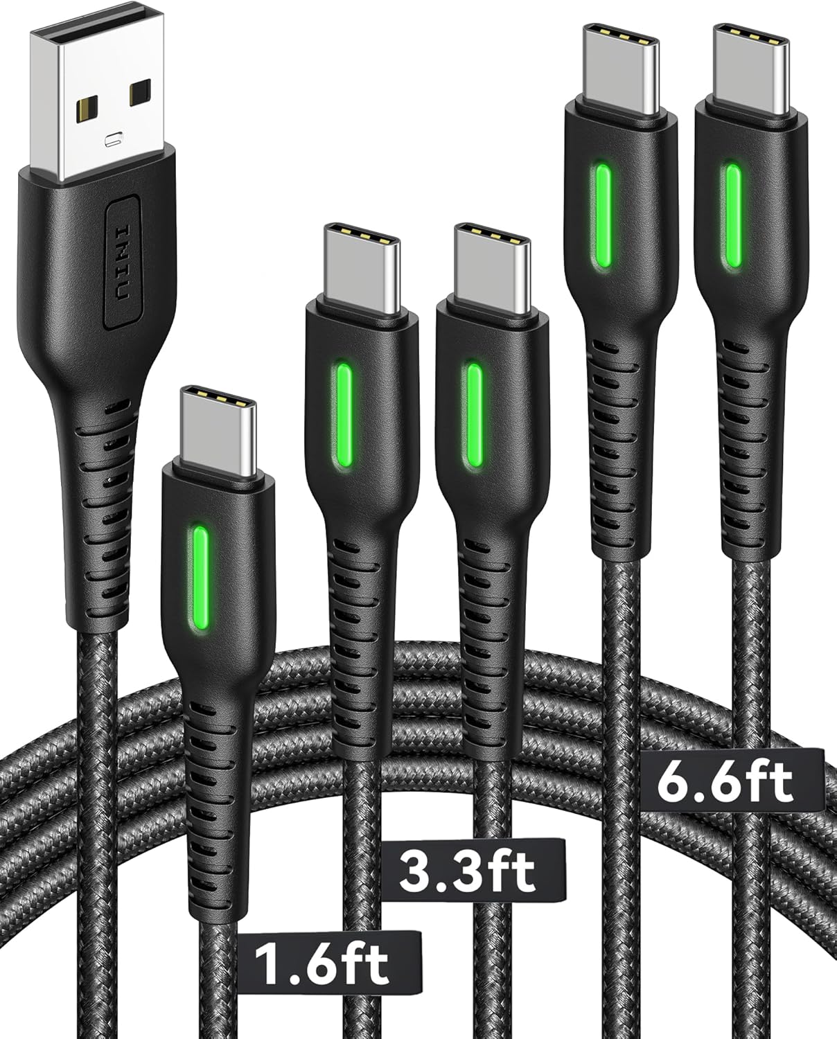 INIU USB C Cable, 5-Pack [1.6/3.3/6.6 ft] 3.1A Fast Charging Type C Cord, Nylon Braided USB A to USB-C Phone Charger Cable for iPhone 16 15 Series Samsung Galaxy S21 S20 S10 Google Pixel 7 6 etc