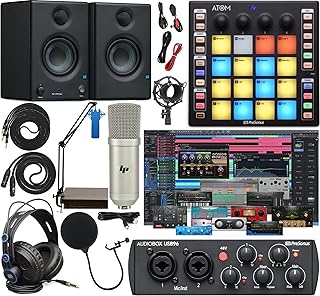 PreSonus AudioBox 96 Audio Interface Full Studio Bundle Includes Software Kit, ATOM MIDI Pad Controller, Eris 3.5 Pair Monitors, and Adjustable Suspension Boom Arm + HD7 Headphones